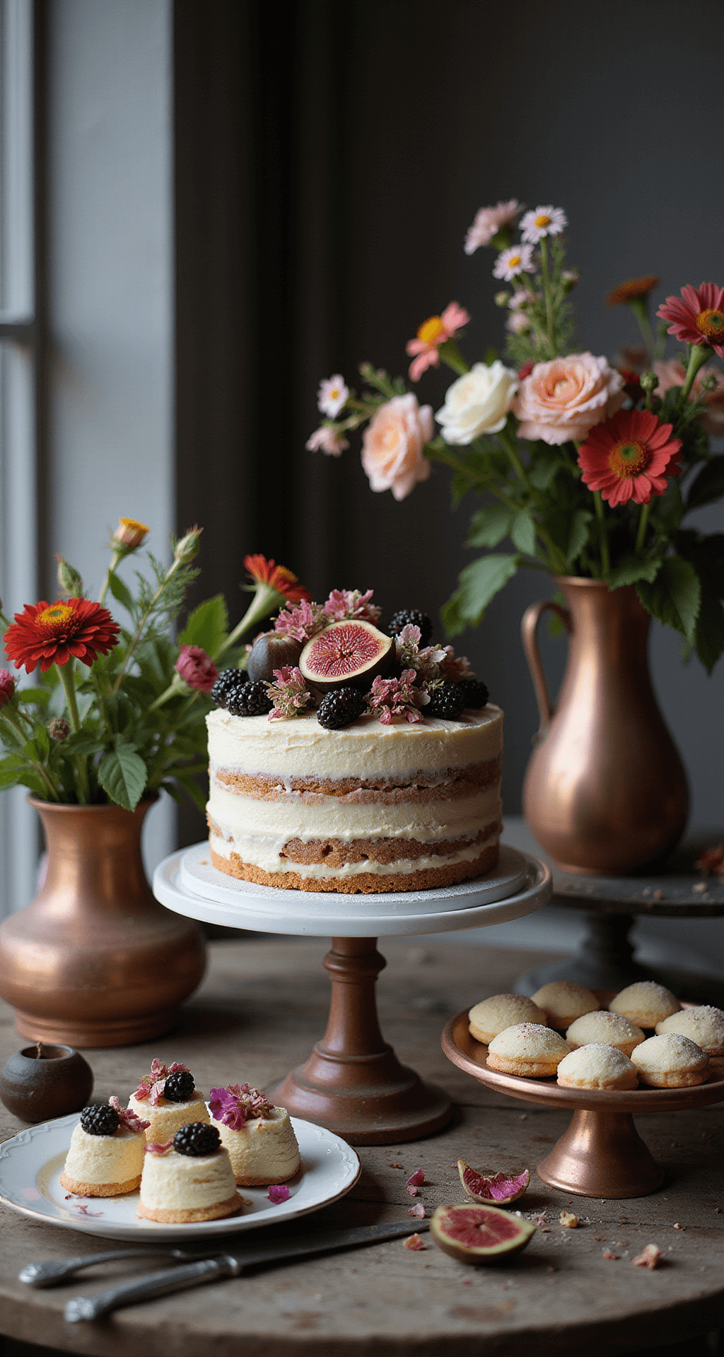 A styled dessert station with a naked cake topped with fresh figs, blackberries, and autumn-colored flowers, surrounded by vintage cake stands with petit fours and macarons, and copper vessels with zinnias and garden roses, all in moody natural light.