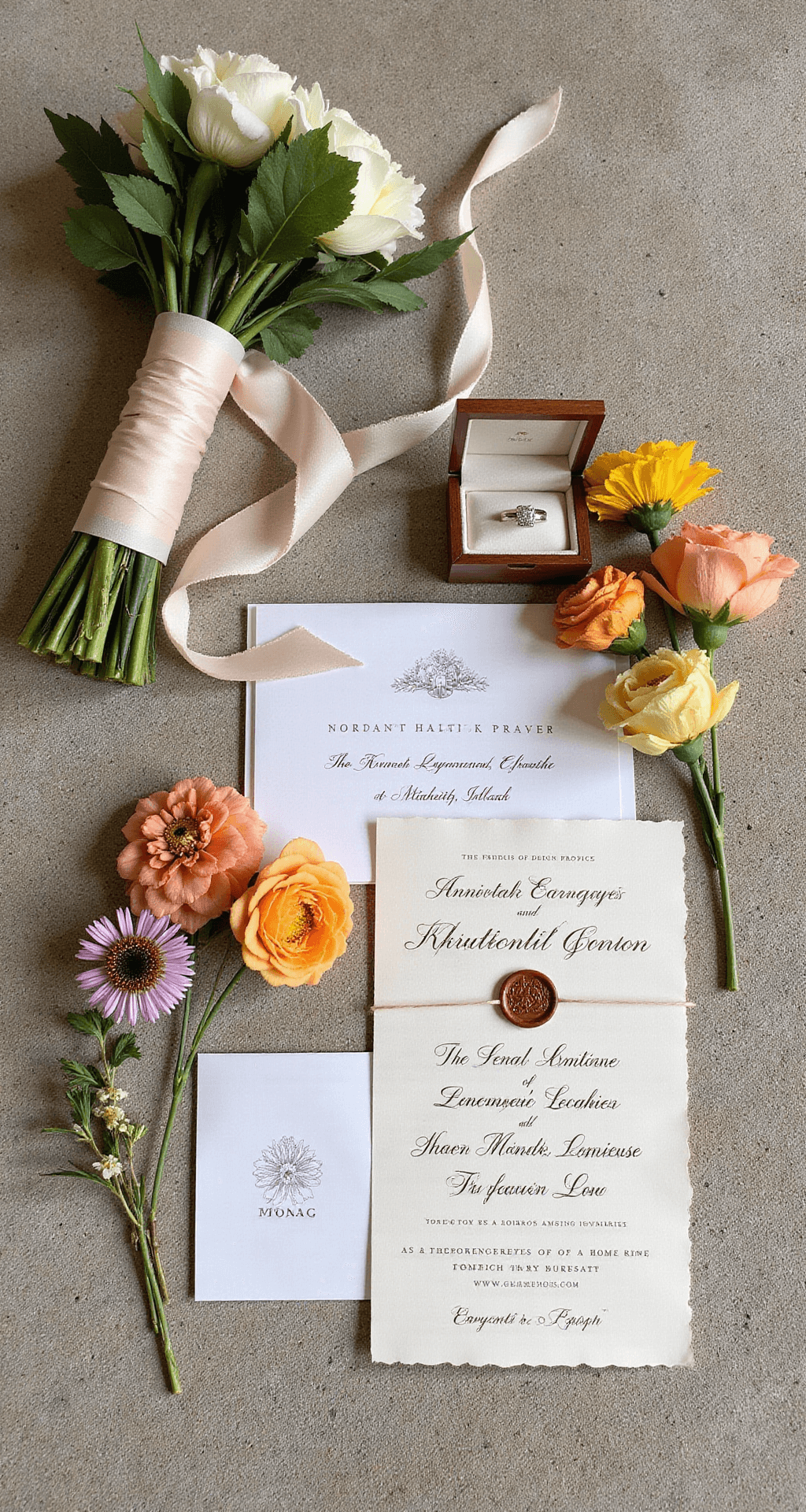 An editorial flat lay featuring a hand-dyed silk ribbon-wrapped bouquet, a vintage ring box, a wax seal invitation suite, and scattered seasonal blooms in warm September colors, all arranged on a textured limestone surface with natural morning light creating soft shadows.