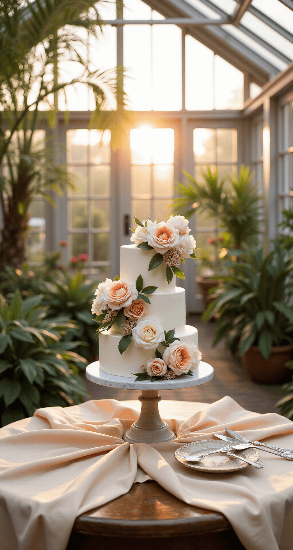 Wedding Cakes With Flowers: A Delicious Design Guide for Your Perfect Celebration A golden-hour shot of an elegant three-tiered wedding cake with cascading garden roses and peonies in a light-filled conservatory, featuring a marble stand on an antique wooden table with silk champagne linens, surrounded by tropical plants and soft natural light.