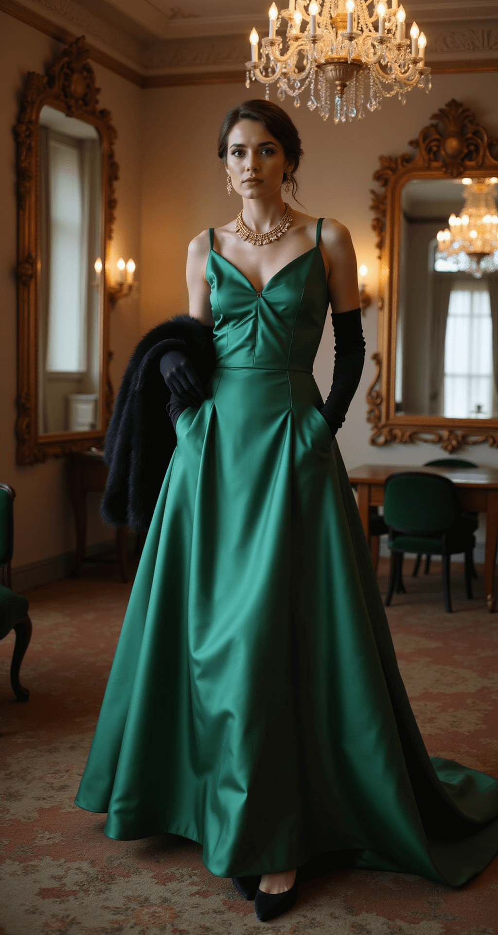 Winter Wedding Guest Fashion: Your Ultimate Guide to Looking Fabulous (While Staying Cozy!) A woman in an emerald green satin ball gown with long black evening gloves stands in a vintage-inspired ballroom featuring ornate mirrors and crystal chandeliers, showcasing art deco gold jewelry and closed-toe velvet pumps, with a black fur stole draped nearby, all illuminated by dramatic side lighting.