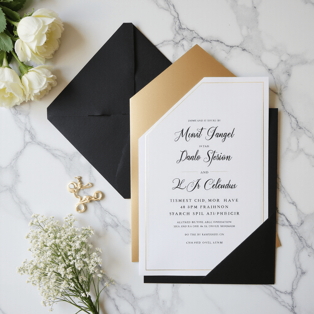 Ultimate Guide to Luxury Wedding Invitations: Making Your First Impression Unforgettable Geometric wedding invitations with mirror acrylic and metallic cardstock on marble, styled with black and gold details, white flowers, and modern props.