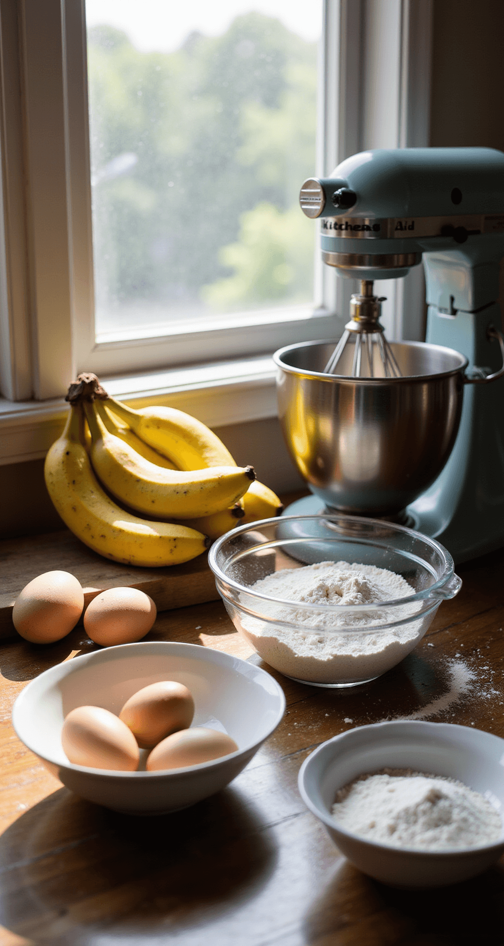 First Birthday Cake: The Perfect Healthy Smash Cake Recipe Sunlit kitchen countertop featuring organized baking ingredients: vibrant yellow bananas, farm-fresh eggs, a bottle of crystalline maple syrup, and measured flour in vintage ceramic bowls, with a KitchenAid mixer and sunlight streaming through the window highlighting floating flour particles.