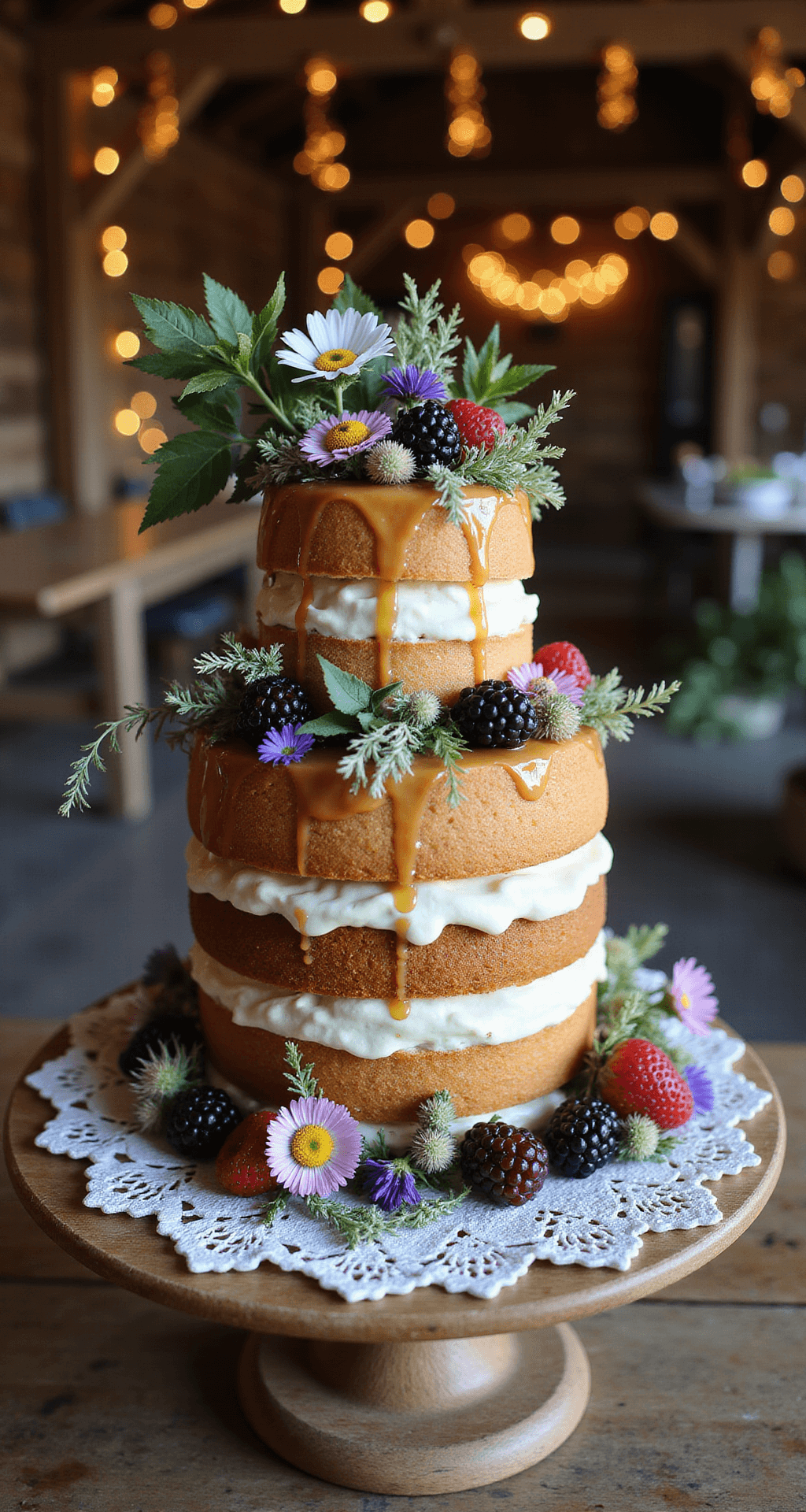 Wedding Cakes With Flowers: A Delicious Design Guide for Your Perfect Celebration A rustic naked cake with three tiers, adorned with fresh wildflowers and berries, displayed on a wooden cake stand atop a vintage lace doily, set in a barn with twinkling fairy lights in warm evening light.