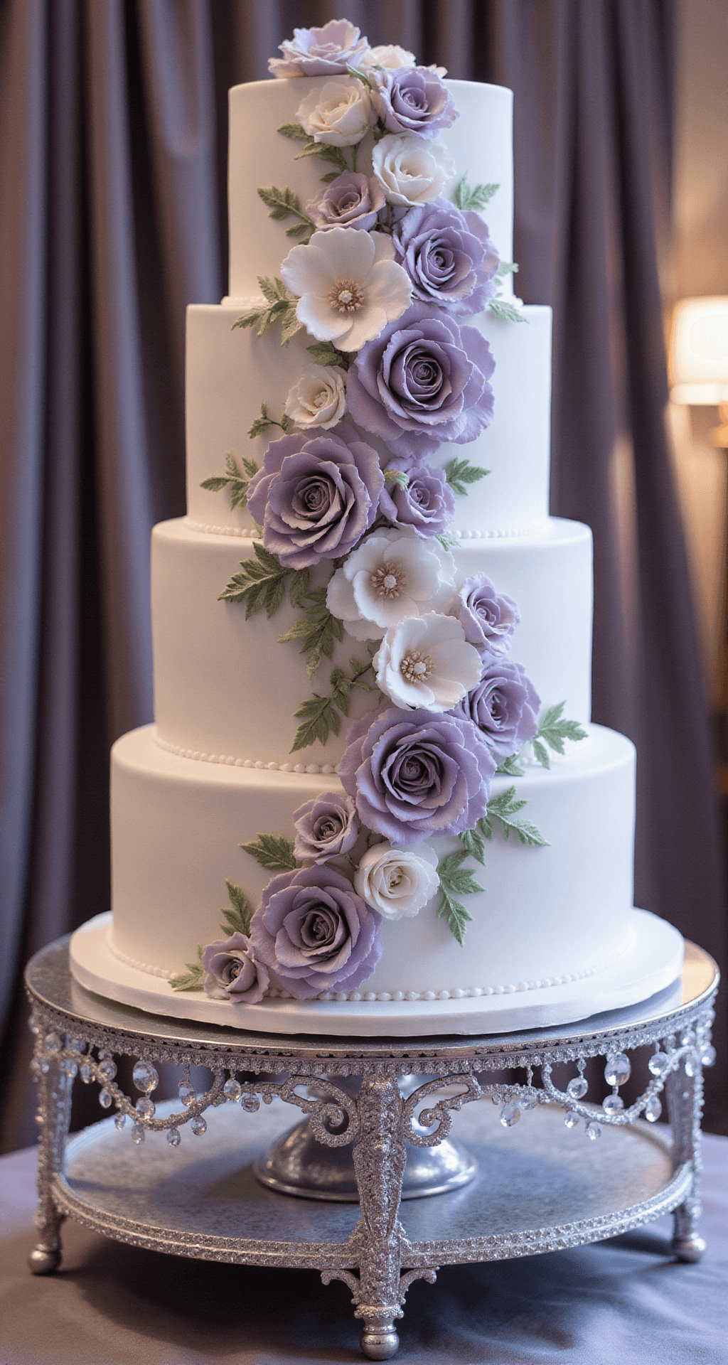 Wedding Cakes With Flowers: A Delicious Design Guide for Your Perfect Celebration Dramatic wide shot of a six-tier wedding cake with a pearlescent white fondant finish, cascading sugar flowers in silvery lavender and white, on a crystal-encrusted stand in a lavish ballroom with soft uplighting and a silk backdrop.