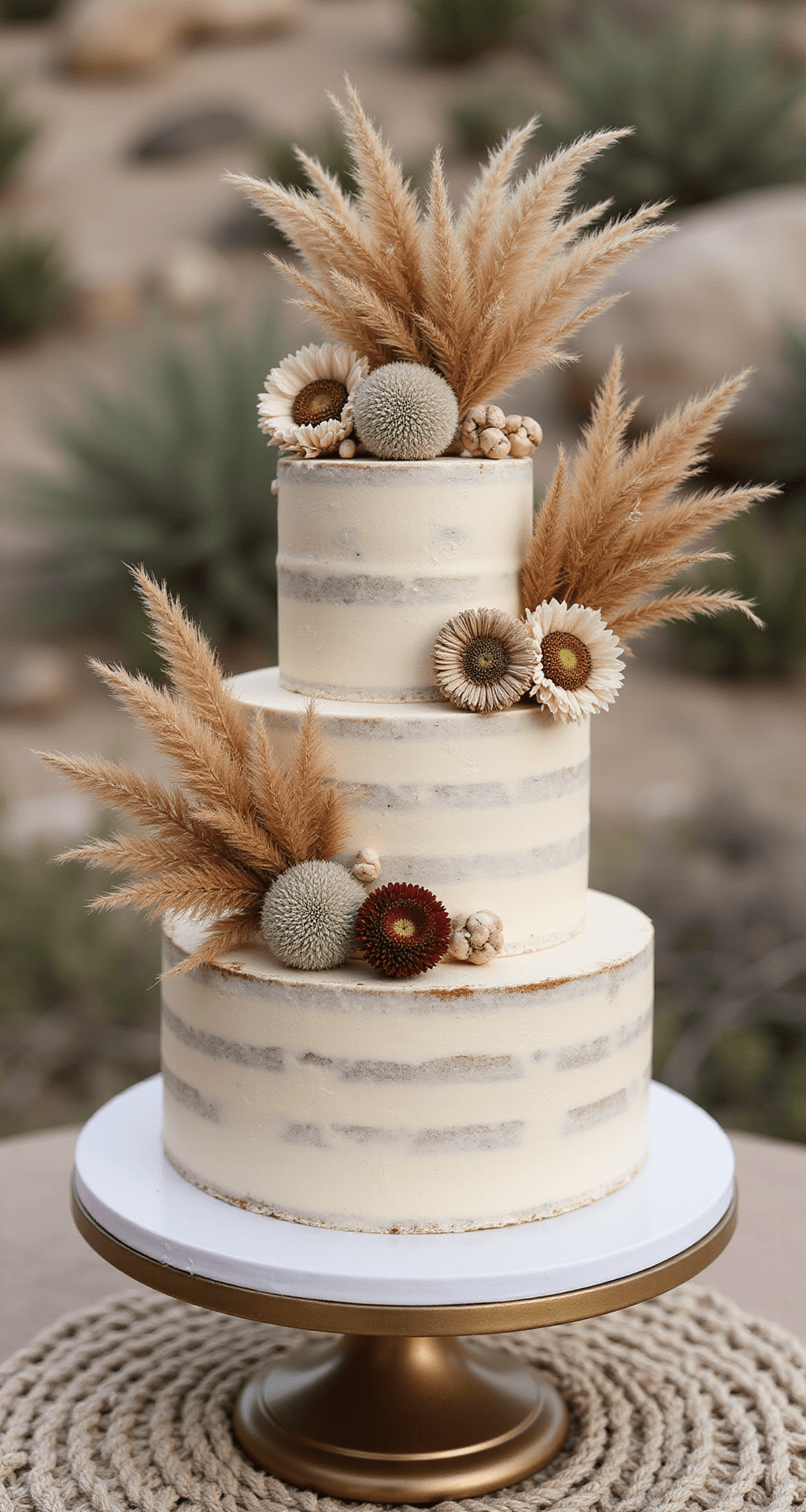Wedding Cakes With Flowers: A Delicious Design Guide for Your Perfect Celebration Boho-inspired wedding cake with three tiers of textured ivory buttercream adorned with dried flowers and pampas grass, set on a matte gold stand against a macramé table runner in a desert venue, illuminated by natural light.