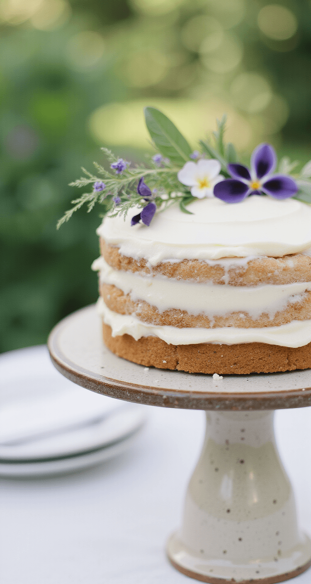 Wedding Cakes With Flowers: A Delicious Design Guide for Your Perfect Celebration Close-up of an artisanal semi-naked wedding cake adorned with pressed edible flowers, featuring smooth buttercream layers and delicate violets, cornflowers, and herb leaves, displayed on a handmade ceramic cake stand in soft morning light, with a blurred garden reception setting in the background.