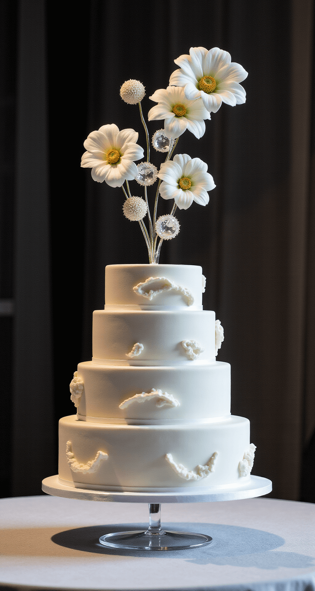 Wedding Cakes With Flowers: A Delicious Design Guide for Your Perfect Celebration Editorial image of a contemporary four-tier white wedding cake with geometric edges, featuring a dramatic floating arrangement of sugar flowers and crystal elements, presented on a lucite pedestal atop a reflective surface in a modern venue with dynamic spot lighting.