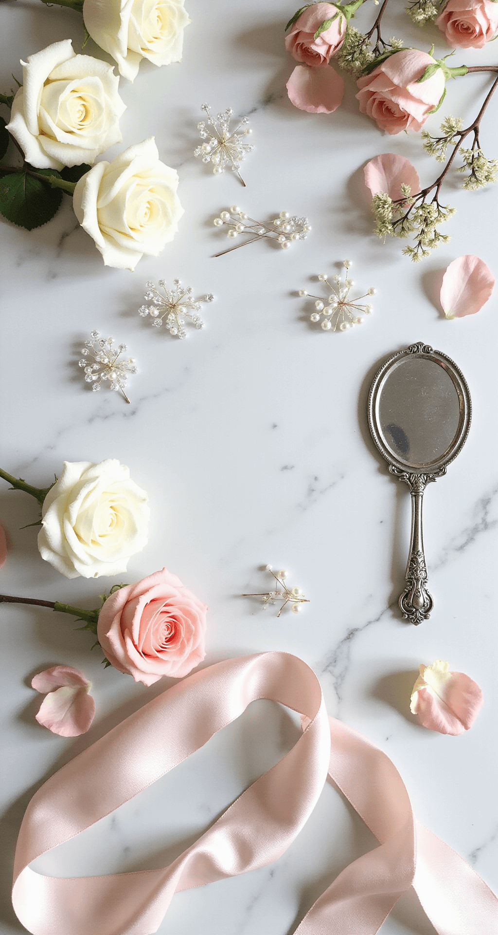 Overhead view of professional styling tools including delicate flower pins and pearl-tipped bobby pins, alongside fresh ivory and blush miniature spray roses, crystal hair accessories, and a vintage silver hand mirror on a white marble surface, enhanced by silk ribbon, scattered petals, and handwritten styling notes in soft, diffused natural lighting.