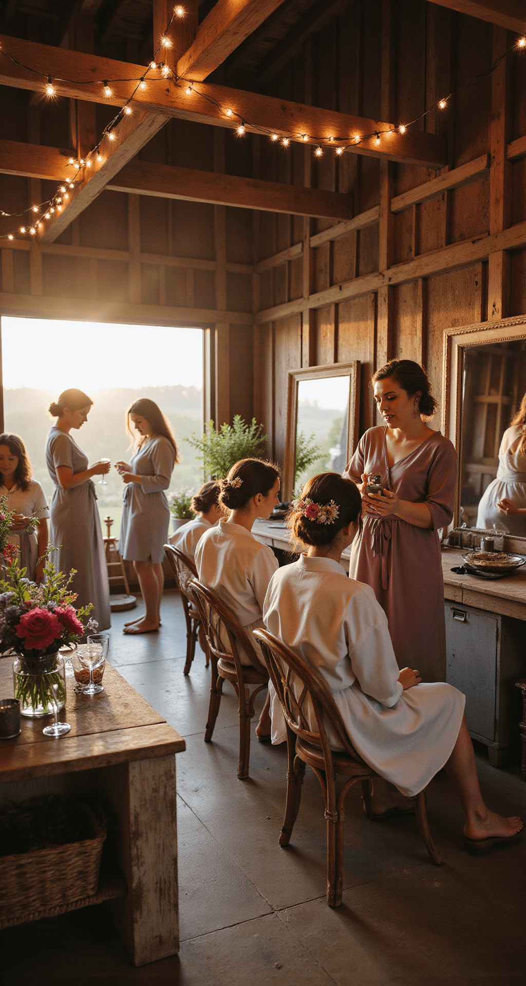 Wide-angle shot of a rustic barn wedding preparation area with bridesmaids having flowers woven into their hair, surrounded by wooden beams draped in fairy lights, vintage mirrors, a flower station with fresh blooms, and golden hour light creating a warm, romantic atmosphere.
