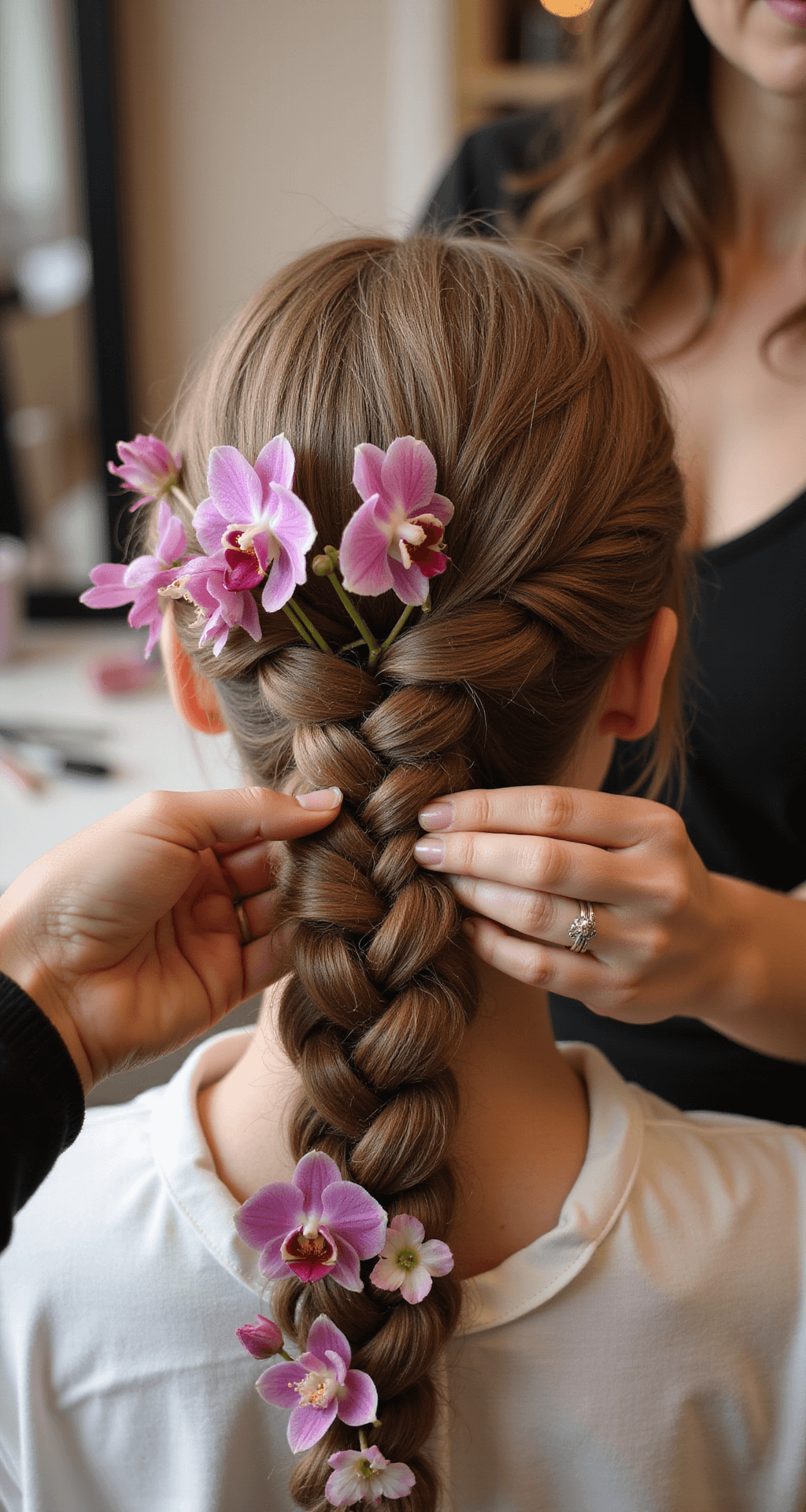 Detail shot of hands weaving a floral braid with orchids and tiny roses in a softly lit dressing room, with styling tools arranged nearby.