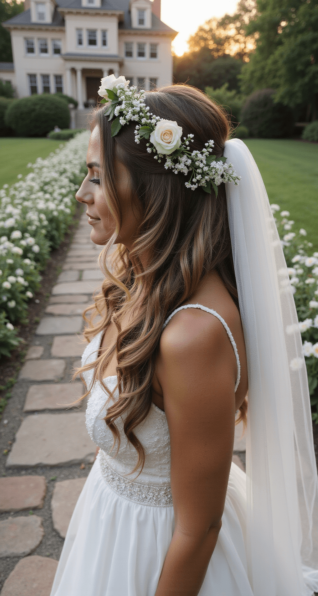 Bride in an ethereal garden setting during golden hour, her cascading waved hairstyle adorned with delicate white flowers and greenery. A stone pathway lined with blooming flowers leads to a historic mansion in the background, while her veil catches the breeze, adding movement to the scene. Professional lighting highlights the dimensionality of her floral hair design.