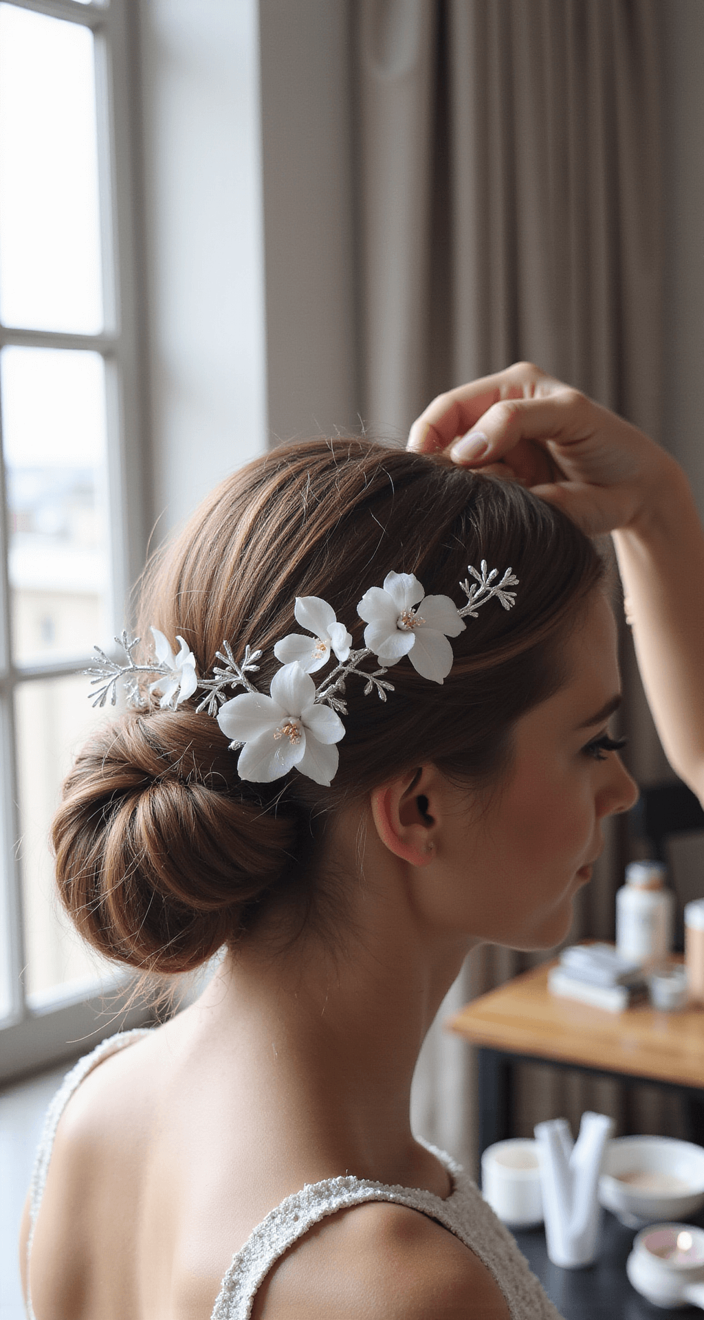 Close-up of a minimalist bridal hair accessory featuring white orchids and silver wire elements, set against a modern suite with dramatic window light and luxe metallic accents.