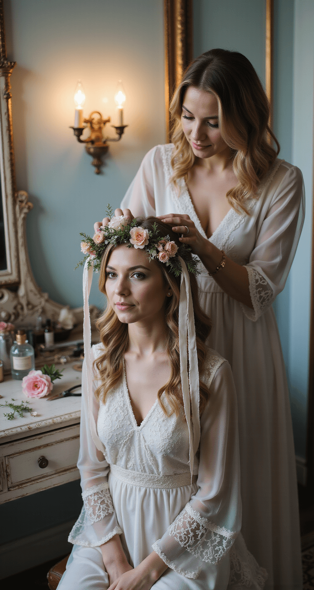 A mid-range shot of a hairstylist finishing a bohemian flower crown made of wildflowers and ribbons in a vintage-inspired boudoir, featuring romantic lighting, an antique vanity with elegant styling tools and perfume bottles, and a soft, dreamy atmosphere in pale blues and blush tones.