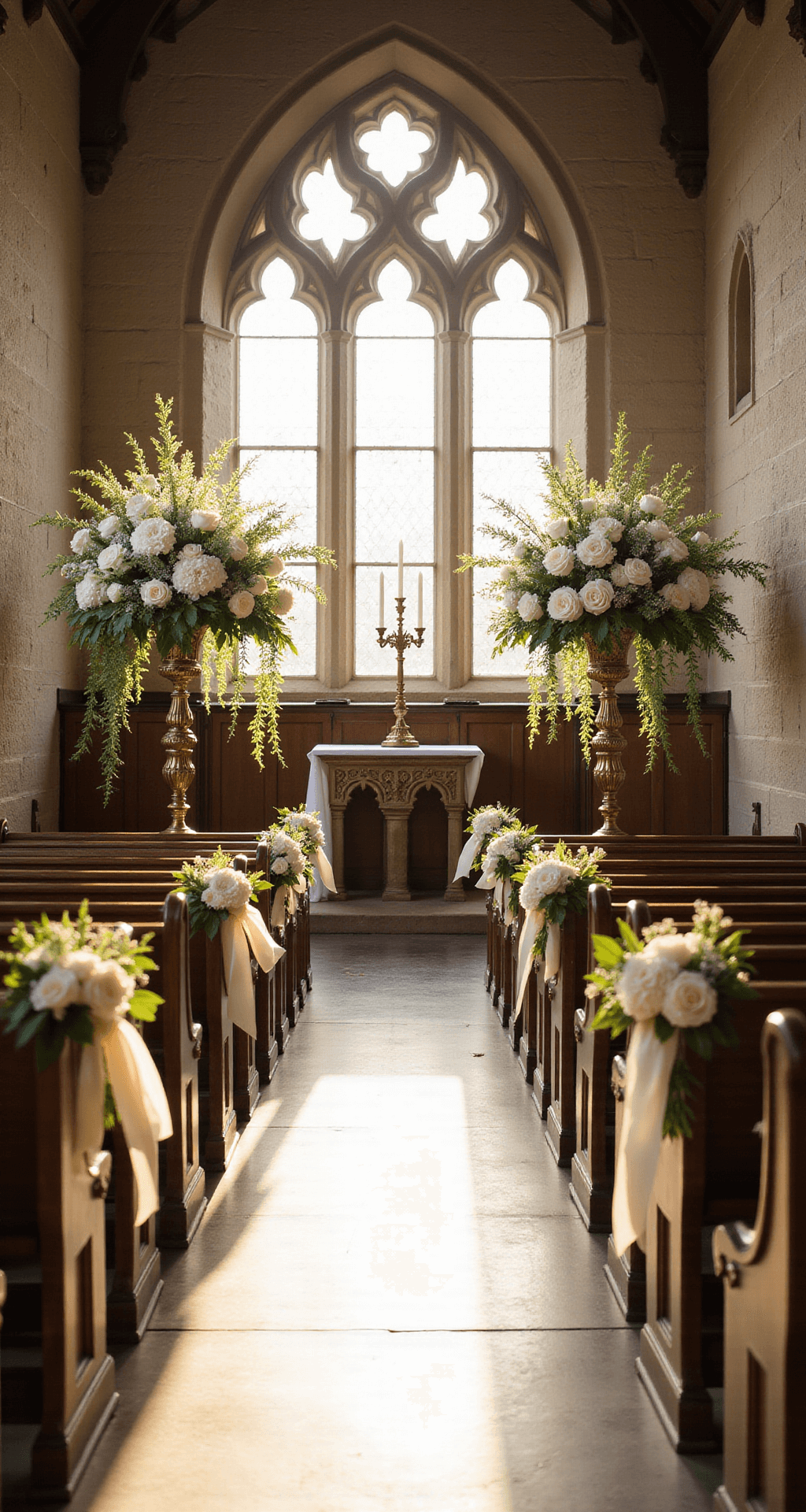 A sunlit Gothic church interior adorned with white peonies and delicate roses, featuring stained glass windows that illuminate dramatic altar arrangements of hydrangeas and sweet peas. Vintage brass candelabras wrapped in greenery line the aisle, while ornate pews are decorated with floral posies and satin bows, all bathed in golden hour light.