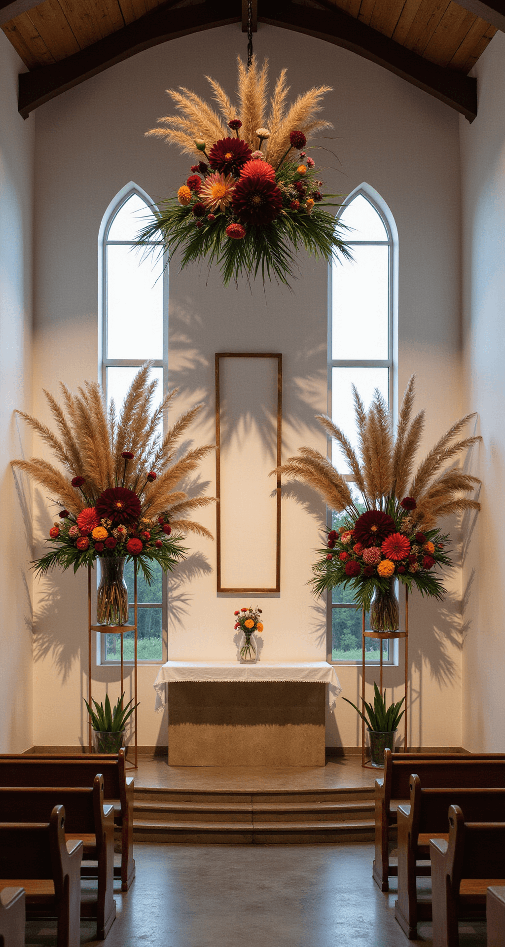 An intimate church chapel at twilight featuring modern floral installations with pampas grass and burgundy dahlias in geometric copper frames, minimalist glass vessels with proteas on windowsills, and warm LED uplighting enhancing the architecture. The altar displays a suspended floral installation in sunset hues.