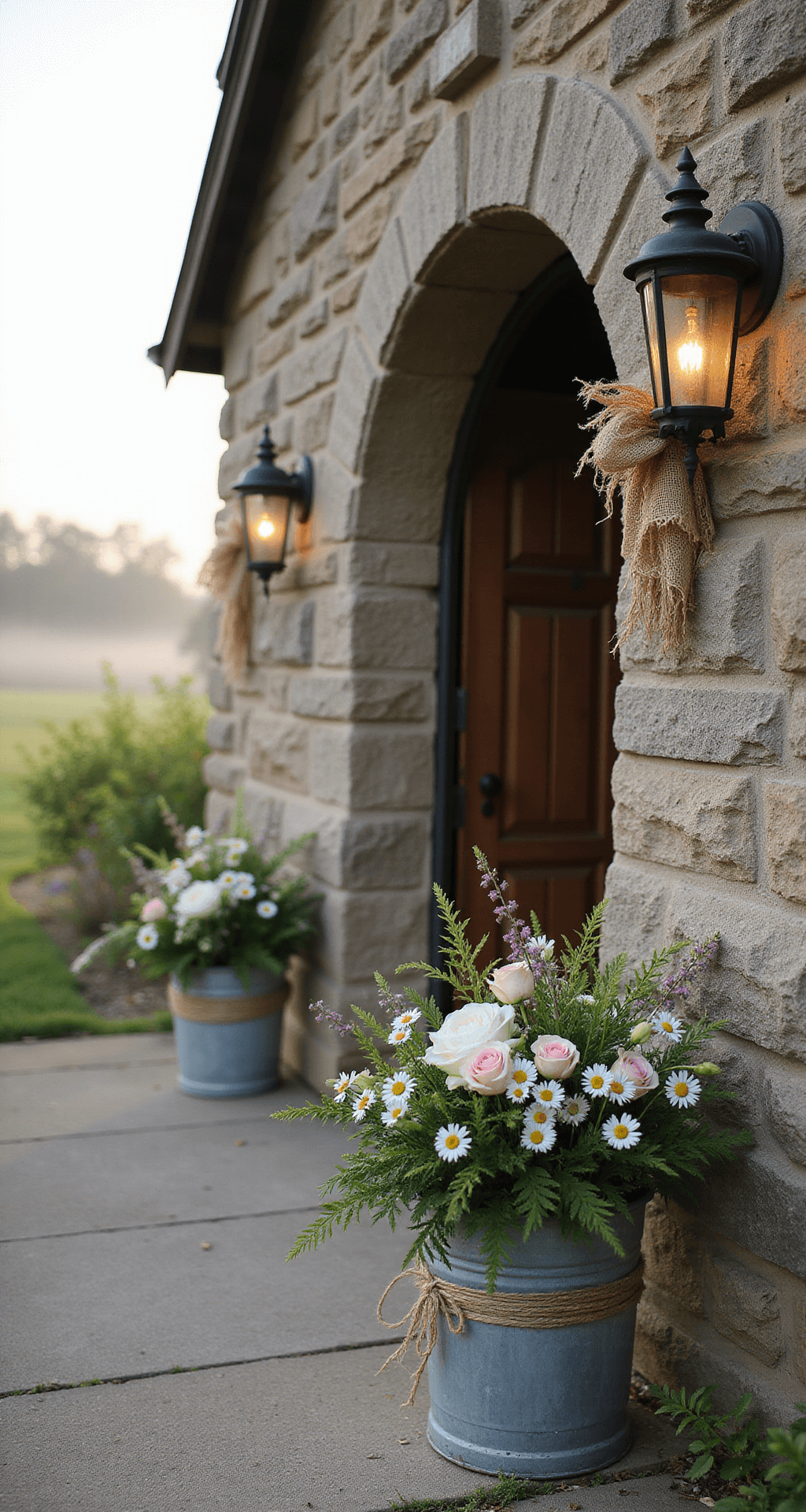 A close-up view of a charming country church entrance arch adorned with wildflowers and seasonal blooms, vintage galvanized buckets filled with garden roses and daisies, set against a rustic stone facade, with soft morning mist and glistening dewdrops.