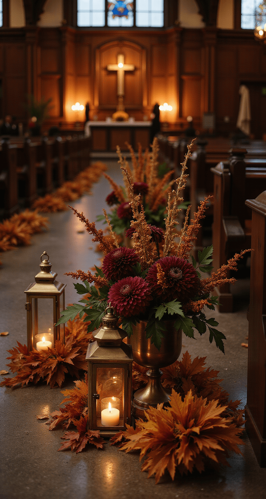 An autumn evening ceremony setup featuring rich jewel-toned floral arrangements in a dark wood church, with Baroque-style altar pieces adorned with deep burgundy dahlias and copper-toned chrysanthemums, flanked by vintage brass lanterns and illuminated by warm amber uplighting.