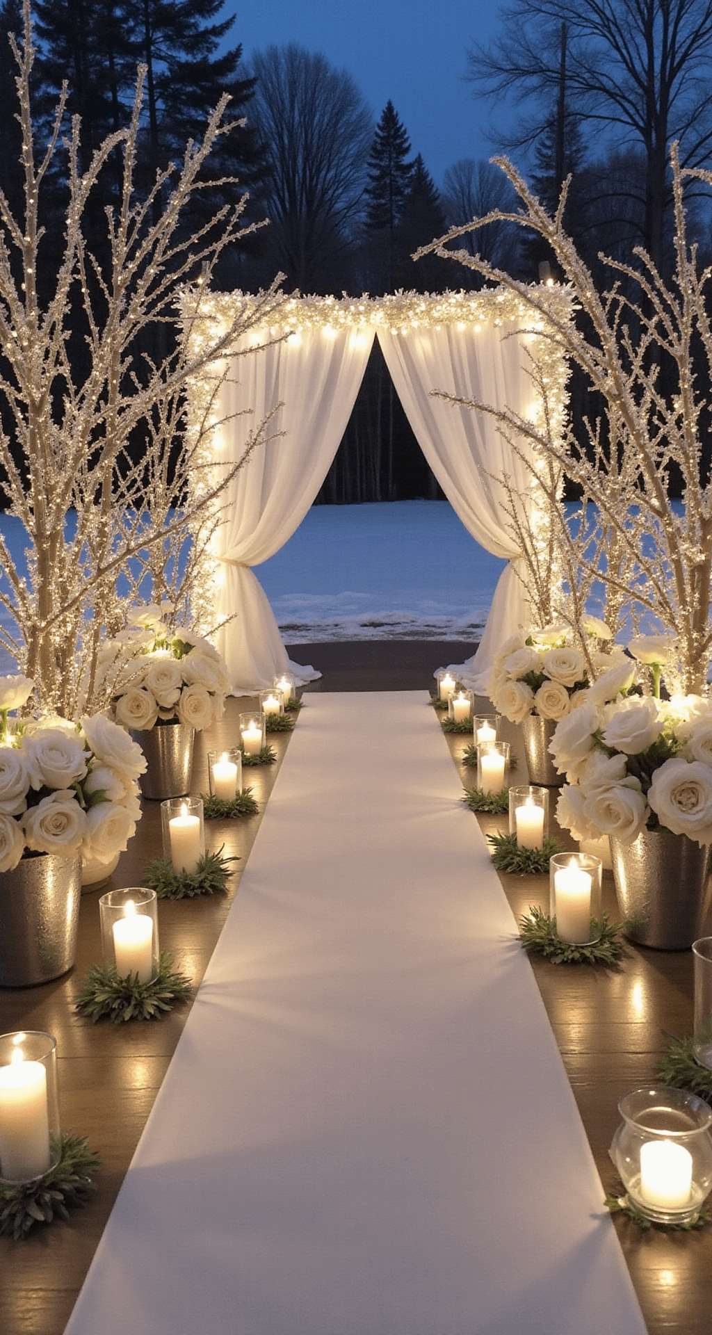 A panoramic winter evening wedding scene featuring an all-white floral design with crystal-encrusted branches and white orchids at the altar, silver mercury glass vessels with white roses and anemones, floating candles, and soft white draping embellished with fairy lights.