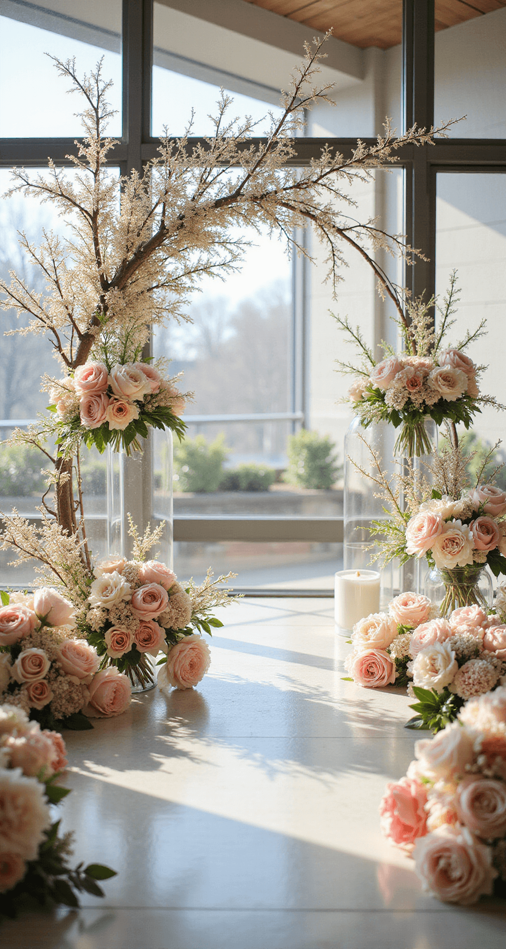 A wide-angle view of a bright spring morning ceremony, featuring cherry blossom branches over the altar, pastel floral arrangements on lucite pedestals, suspended glass orbs filled with baby's breath, and natural light illuminating the setting.
