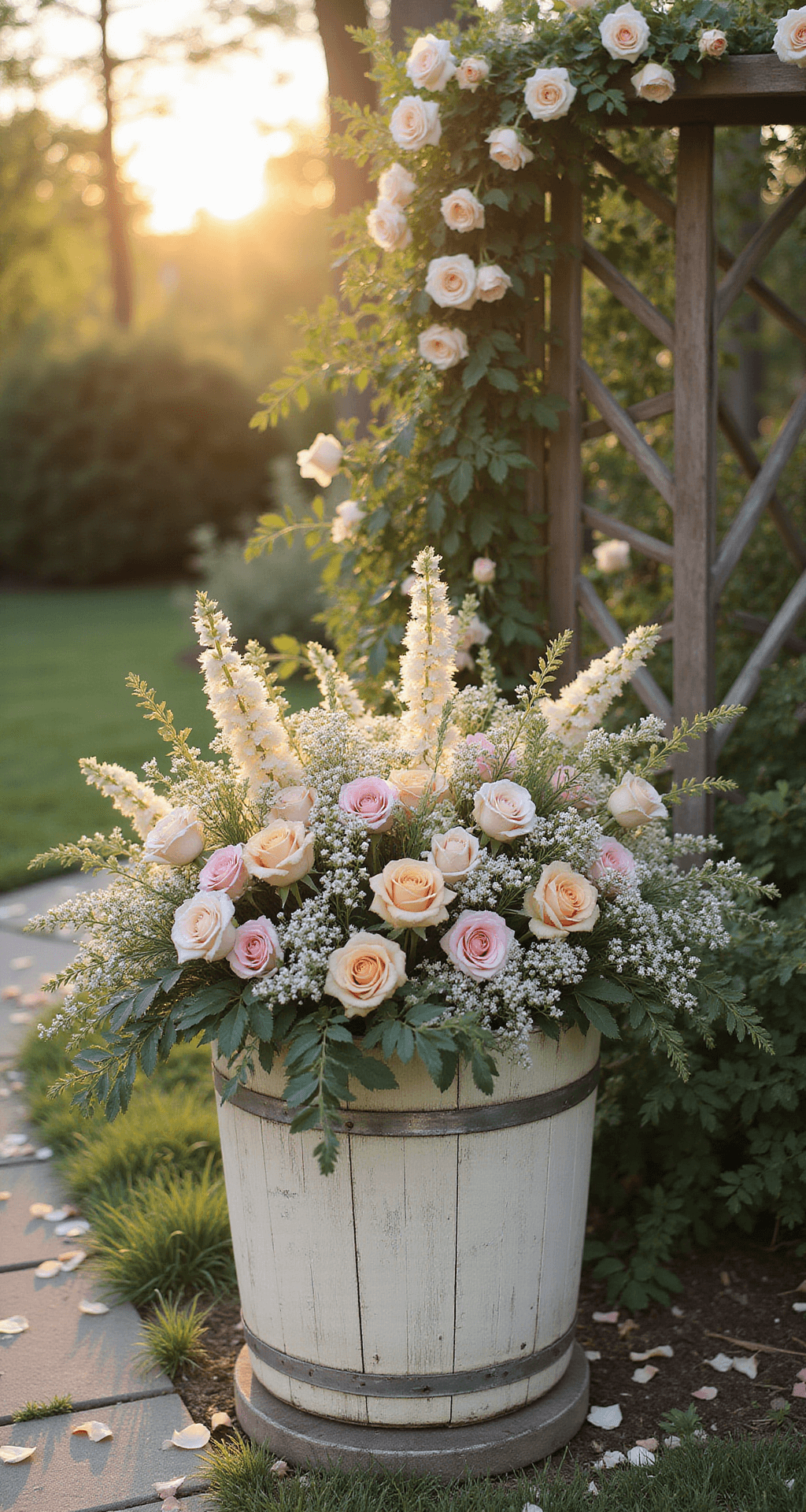 Hand Bucket Wedding Flowers: Your Ultimate Guide to Stunning Bridal Bouquets A rustic wedding ceremony setup in a sunlit garden featuring a weathered cream bucket overflowing with wildflowers and greenery on a vintage barrel, surrounded by climbing roses and rose petals along a stone pathway, captured in golden hour light.