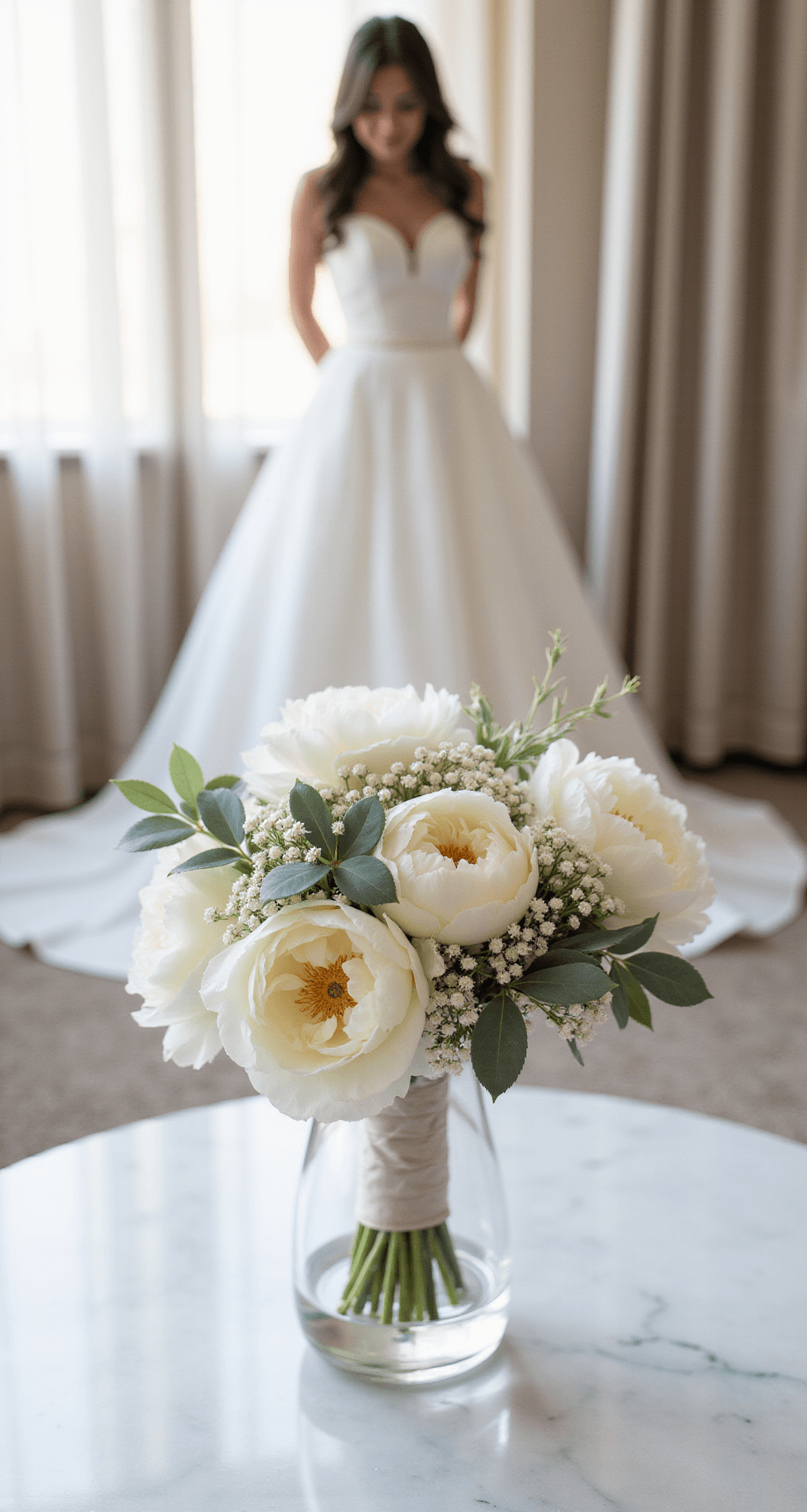 Hand Bucket Wedding Flowers: Your Ultimate Guide to Stunning Bridal Bouquets An elegant bridal preparation scene featuring a hand-tied bouquet of white peonies, ranunculus, and silver dollar eucalyptus in a crystal vase, softly illuminated by morning light filtering through sheer curtains, with the bride's lace gown in the background and a marble vanity surface reflecting the bouquet's intricate ribbon work and pearl pins.
