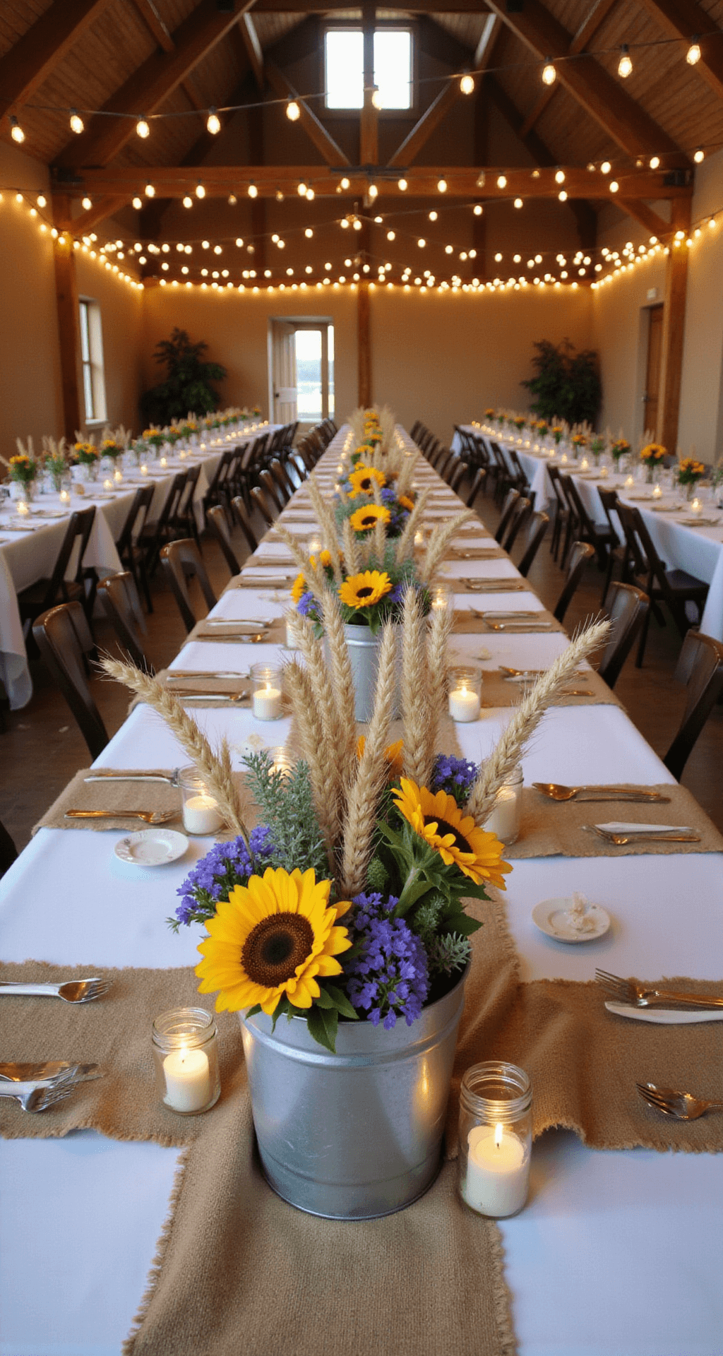 Hand Bucket Wedding Flowers: Your Ultimate Guide to Stunning Bridal Bouquets Overhead view of a rustic barn wedding reception with long farmhouse tables, burlap runners, and galvanized metal bucket centerpieces filled with sunflowers, wheat stalks, and purple wildflowers, illuminated by mason jar candles and string lights. Natural wood textures and high barn beams are visible.