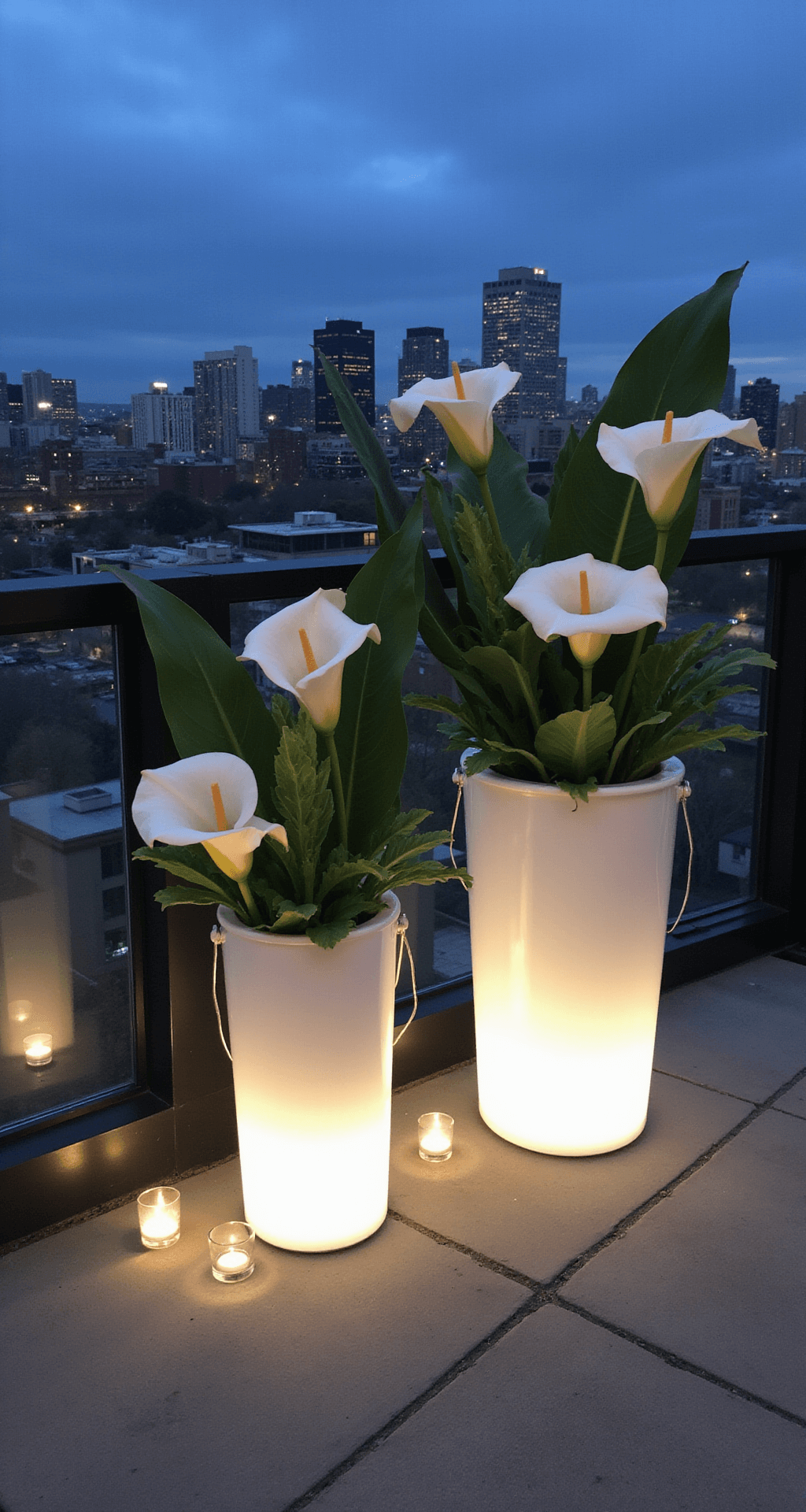 Hand Bucket Wedding Flowers: Your Ultimate Guide to Stunning Bridal Bouquets A modern rooftop venue at twilight features minimalist white ceramic vases with architectural calla lilies and monstera leaves. The city skyline serves as a backdrop, with strategic lighting accentuating metallic elements and geometric designs, while glass votives and LED strips cast dramatic shadows.