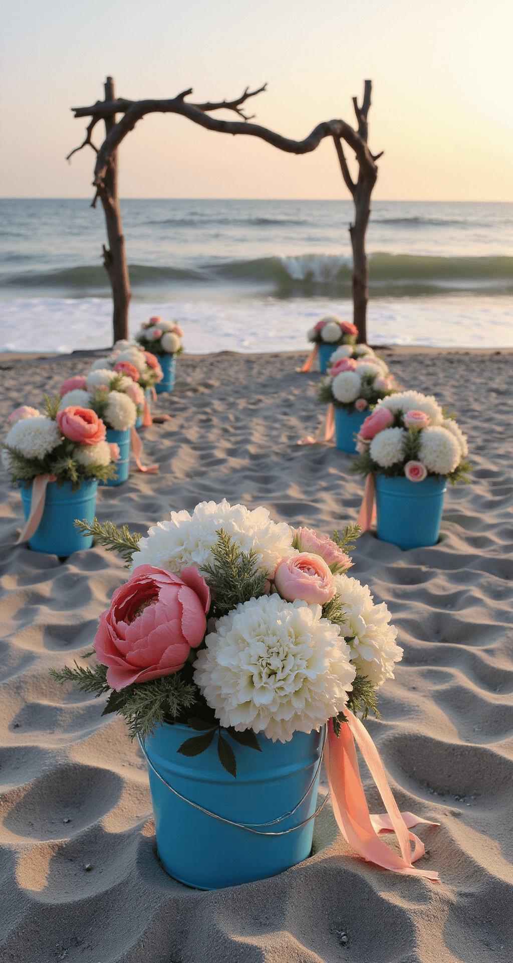 Hand Bucket Wedding Flowers: Your Ultimate Guide to Stunning Bridal Bouquets A picturesque beach wedding setup at sunset, featuring weathered blue buckets filled with white hydrangeas, coral charm peonies, and sea holly lining an aisle of soft sand, leading to a rustic driftwood arch. Flowing ribbons catch the ocean breeze, enhancing the romantic atmosphere.