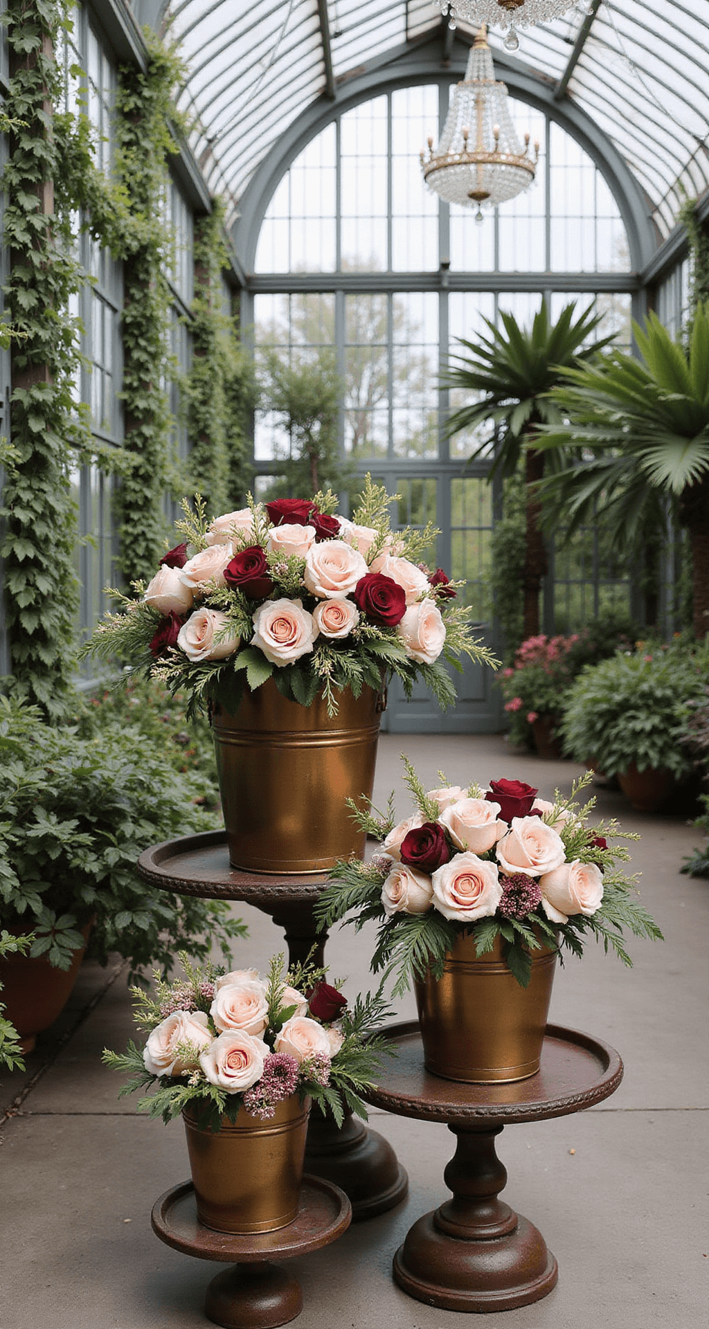 Hand Bucket Wedding Flowers: Your Ultimate Guide to Stunning Bridal Bouquets A Victorian conservatory wedding with antique brass bucket arrangements on tiered display stands, featuring cascading deep burgundy and blush pink English garden roses, illuminated by diffused afternoon light through greenhouse glass, with crystal chandeliers overhead.