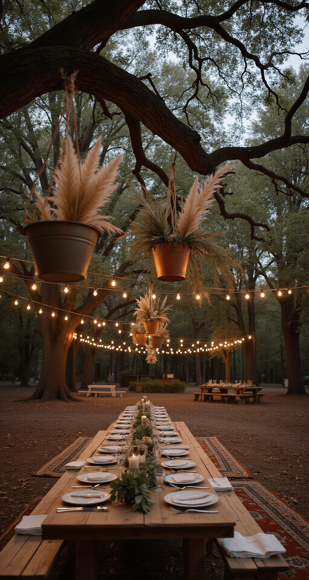 Hand Bucket Wedding Flowers: Your Ultimate Guide to Stunning Bridal Bouquets Bohemian forest wedding reception featuring mixed metallic buckets filled with pampas grass, protea, and dried palm fronds, illuminated by warm bistro lights, with vintage rugs and low tables on the forest floor.