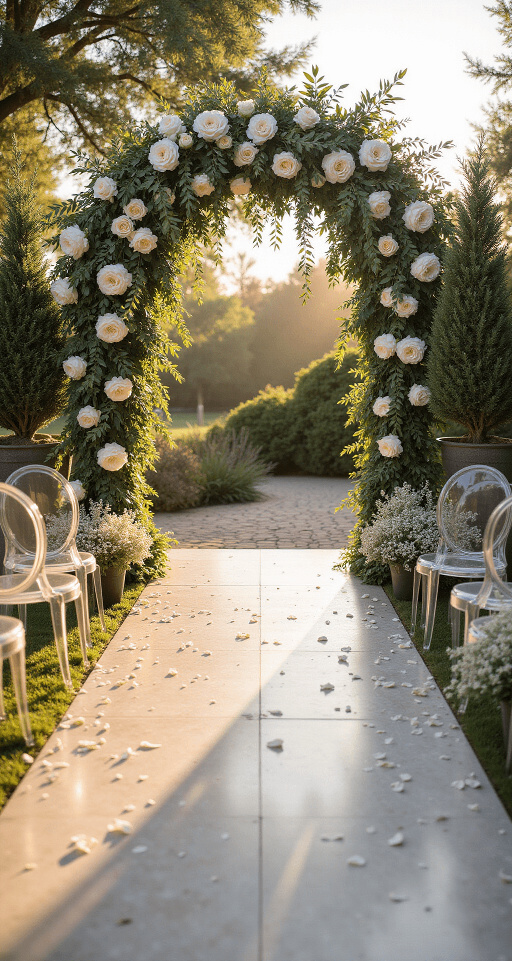 A sunlit garden ceremony setup with an 8-foot floral arch of white peonies and garden roses, ghost chairs adorned with baby's breath, and a marble platform surrounded by olive trees and white rose petals, captured during golden hour.