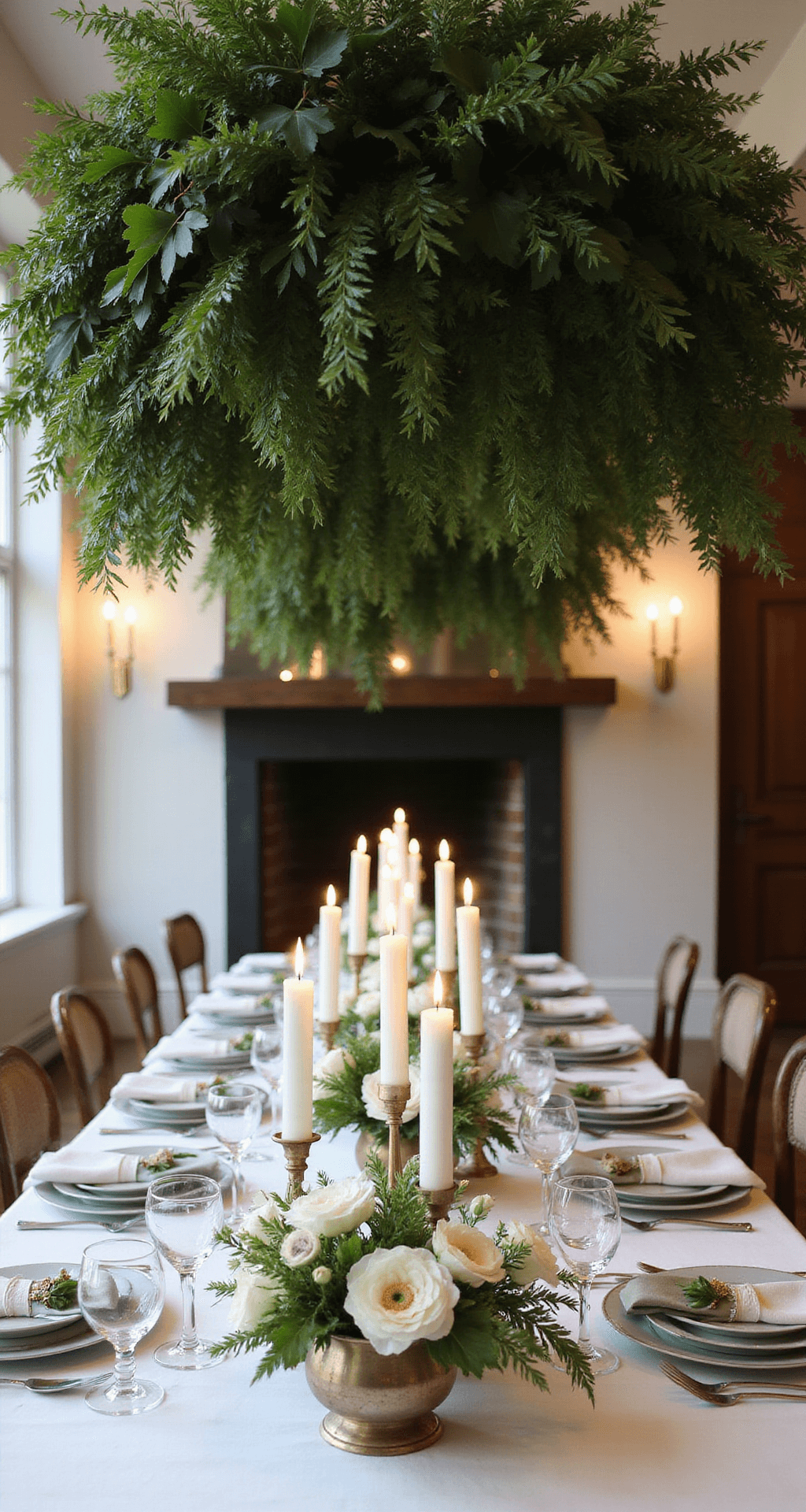 An elevated view of an intimate indoor reception space featuring a long marble table adorned with white china, silver cutlery, and sage linen napkins. A 20-foot suspended greenery installation hovers above, while white taper candles in crystal holders and low arrangements of white ranunculus and anemones in mercury glass vessels create a warm, inviting atmosphere.