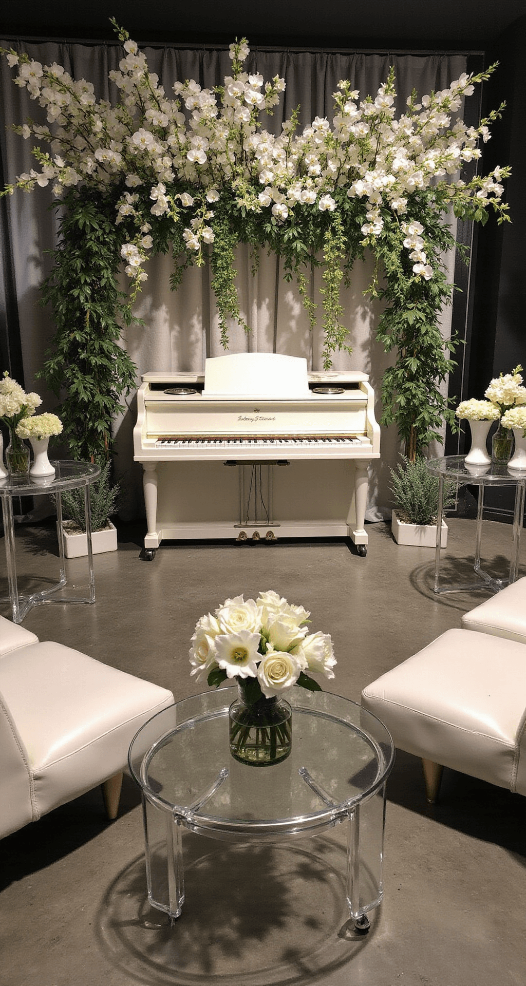A cocktail lounge scene featuring a vintage white piano adorned with cascading white orchids and Italian ruscus, modern lucite bar carts with champagne towers and trailing smilax vines, intimate seating areas with white leather loungers and glass side tables, each with petite floral arrangements, all under moody evening lighting with pin spots.