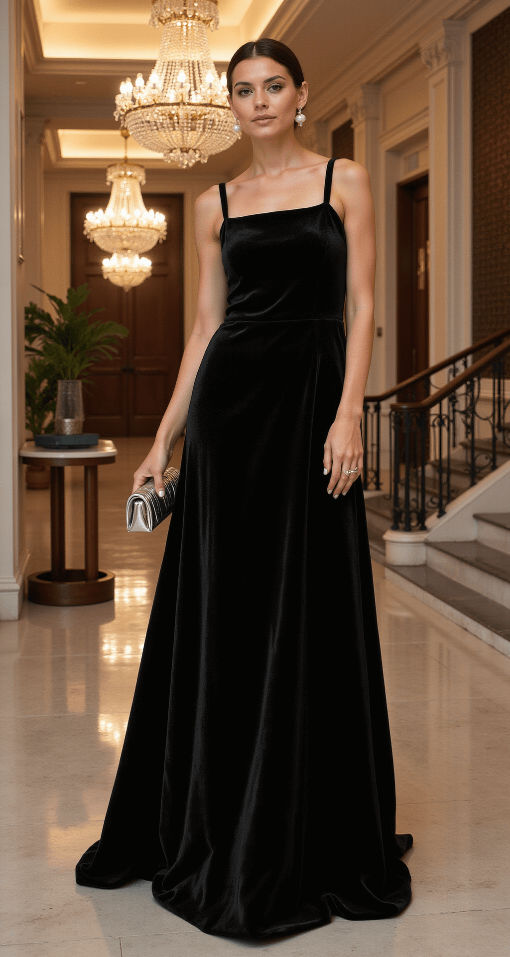 A woman in a black velvet floor-length gown stands near a grand staircase in a luxurious hotel lobby, featuring soaring ceilings and crystal chandeliers, with classic architectural details in the background. Her dress has subtle side draping and she accessorizes with pearl drop earrings and a metallic clutch, all captured from a low angle to emphasize the grandeur of the scene.