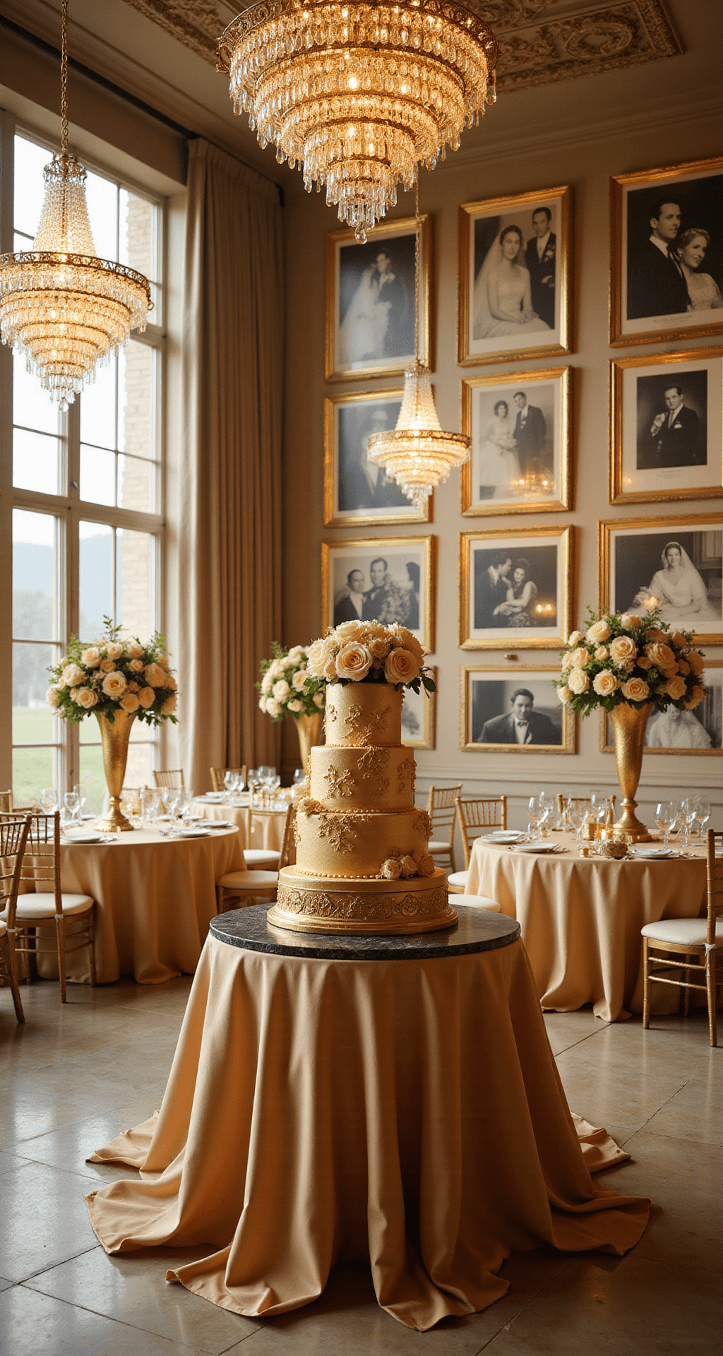 A luxurious ballroom illuminated by golden hour light, featuring chandeliers, elegantly set tables with champagne linens and floral centerpieces, a memory wall with vintage wedding photos, and a grand 3-tier anniversary cake.