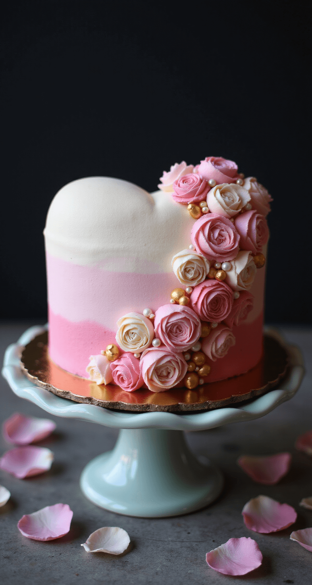 Classic Heart Cake: The Ultimate Birthday Showstopper Professional overhead shot of a heart-shaped cake with pink ombré buttercream frosting, decorated with piped rosettes, pearls, and sugar flowers, displayed on a vintage cake stand against a dark background with dramatic lighting and a soft bokeh effect.