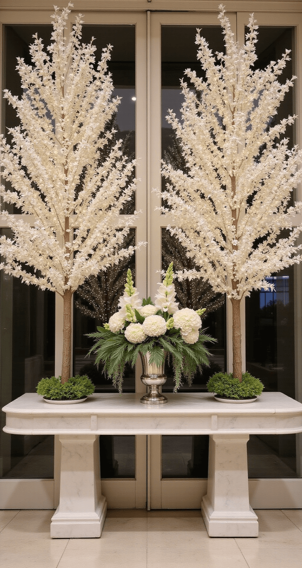 A grand ballroom entrance with twin 12-foot white cherry blossom trees adorned with fairy lights, flanking oversized glass doors. A white marble console table between them showcases a tall silver urn filled with white delphinium and cascading greenery. The scene emphasizes symmetry and scale.