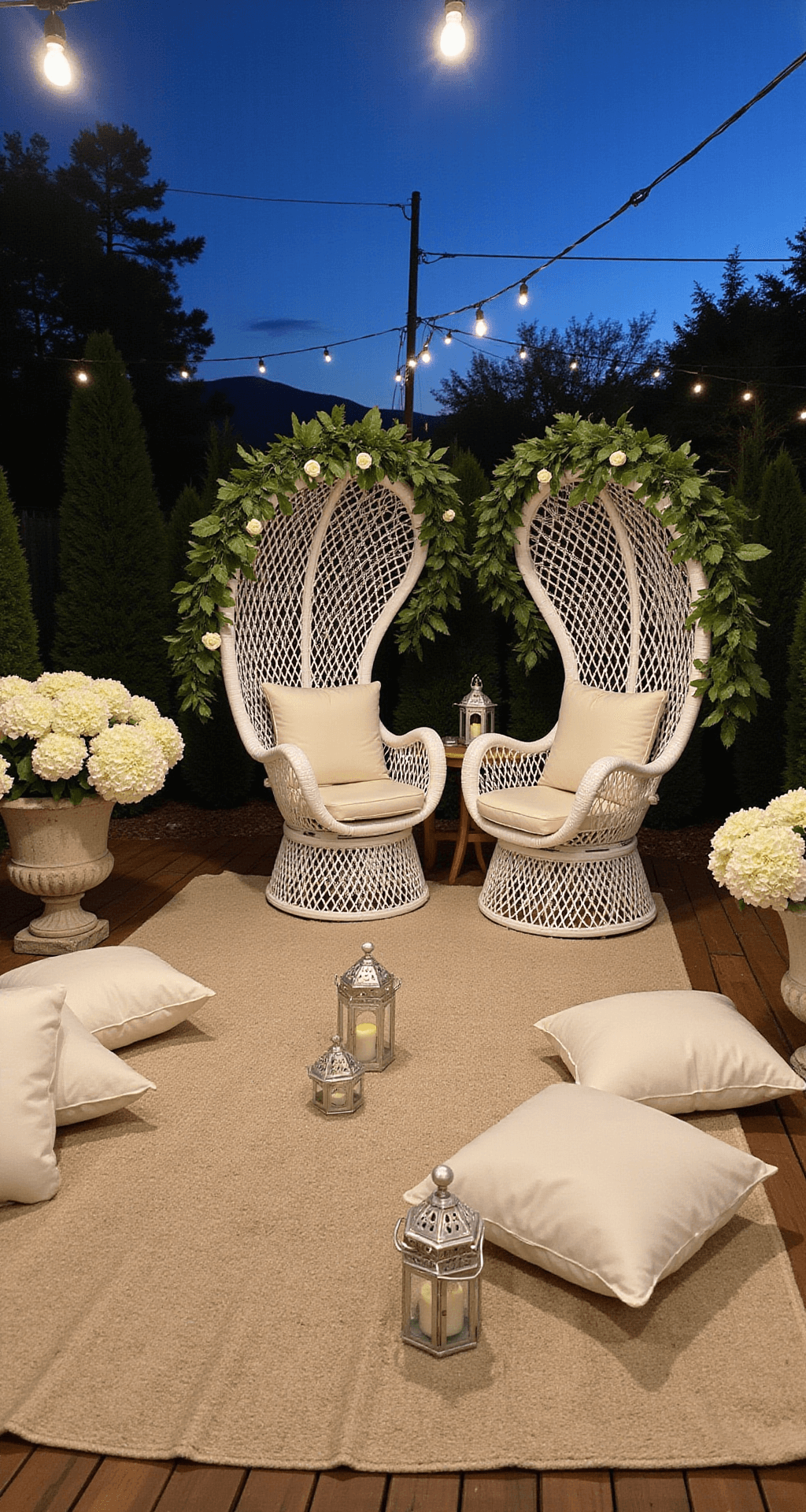 An elegant outdoor lounge at dusk with white wicker peacock chairs decorated with garlands and roses, surrounded by Moroccan lanterns casting shadows on a sisal rug, accented by clusters of textured white floor pillows and framed by hydrangea plants in stone planters.