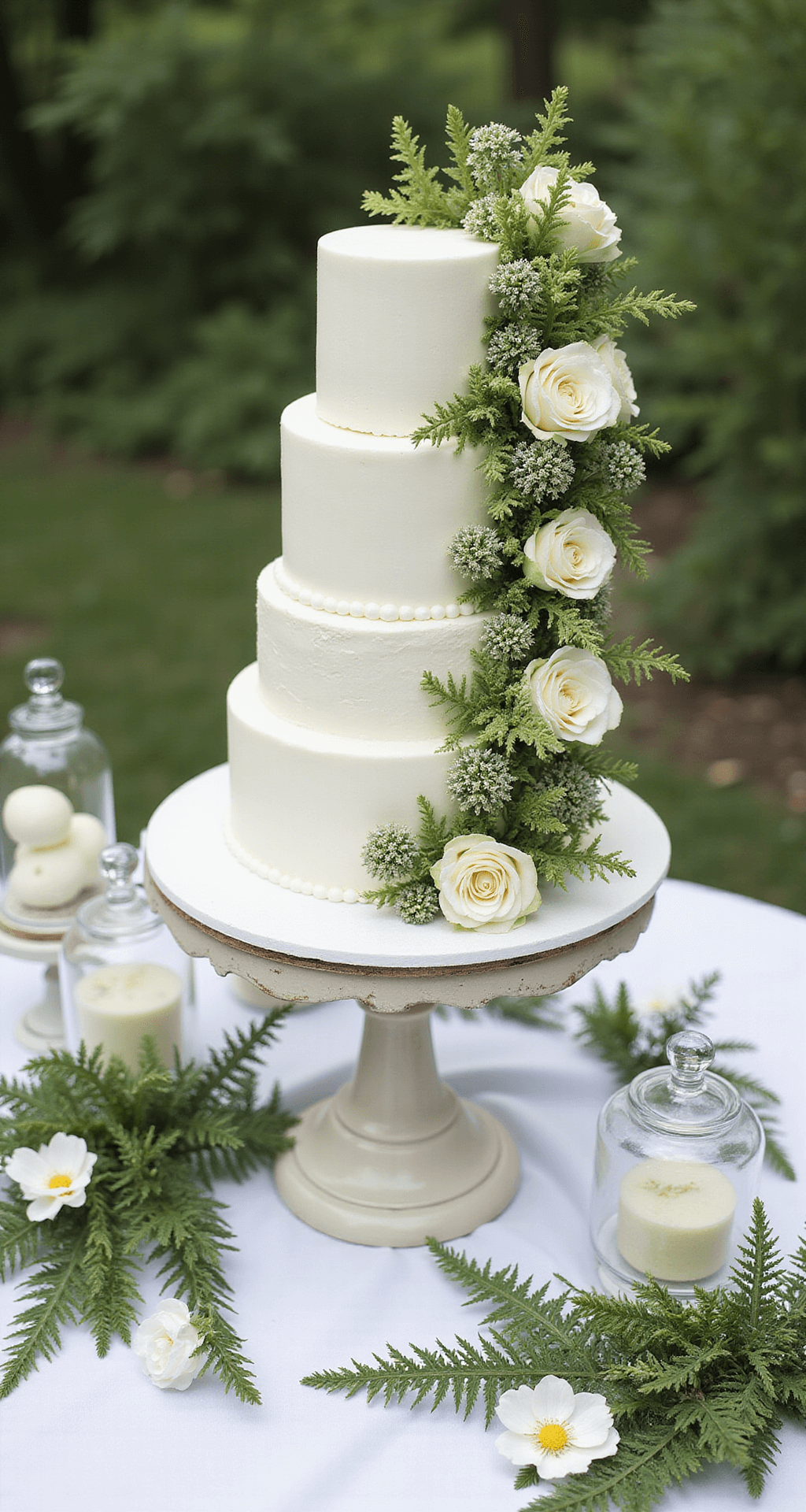 A four-tier white fondant cake adorned with green hypericum berries and white spray roses cascades down one side, displayed on an antique white pedestal table. Surrounding the cake are glass cloches with smaller white desserts, while fresh ferns and white blooms are scattered across the white silk tablecloth, captured from a 45-degree angle.