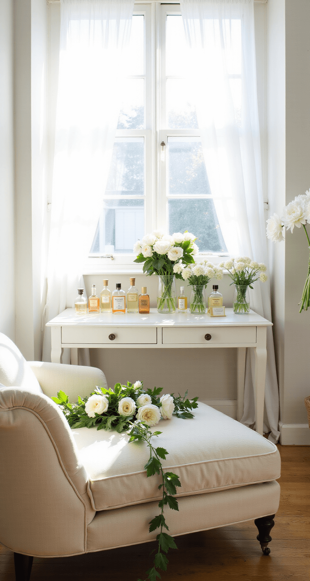 A sunlit getting-ready suite featuring a vintage cream chaise lounge adorned with white anemones and ivy, a white lacquered vanity with perfume bottles and single stem white ranunculus, and sheer curtains creating an ethereal ambiance.