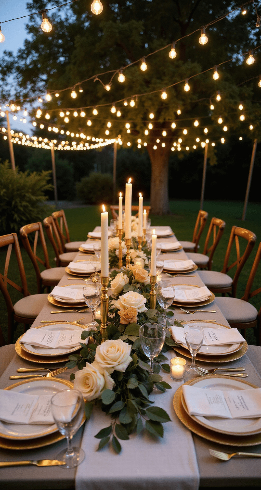 A dusk garden scene with twinkling fairy lights above; a harvest table with white and gold floral centerpiece, gold candlesticks, and elegant place settings.