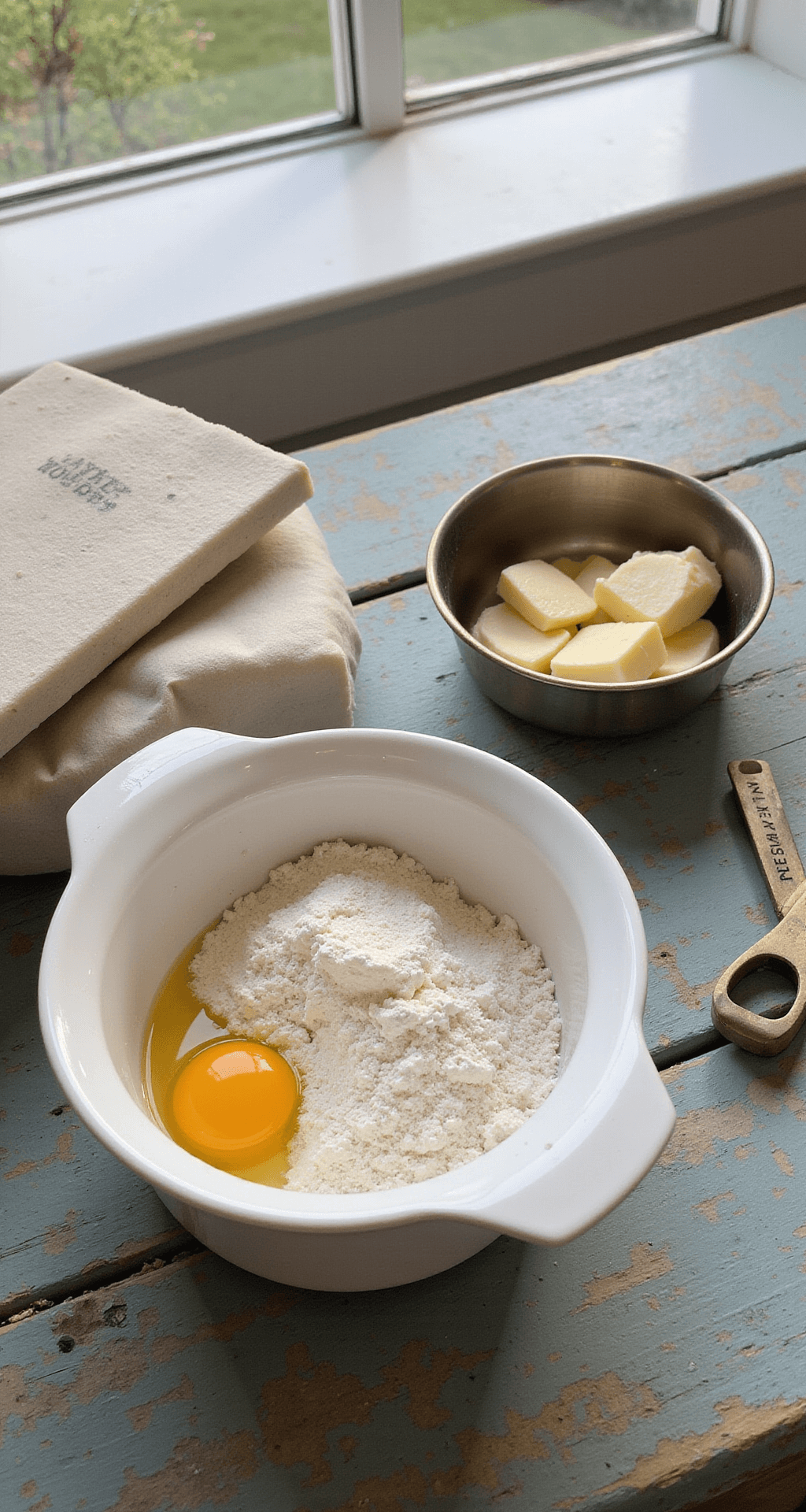 Close-up of rustic wedding cake preparation with measured ingredients on a weathered wooden table, soft natural light highlighting vintage mixing bowls filled with flour, eggs, and butter, accompanied by a marble pastry board and antique measuring tools.