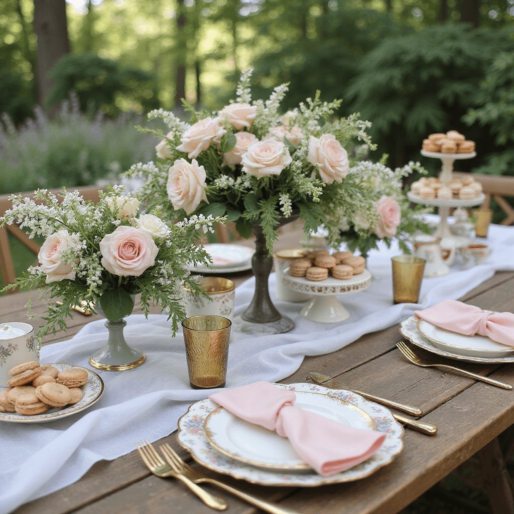 A whimsical garden party bridal shower with vintage wooden tables adorned with mix-and-match floral china, blush pink silk napkins, and gold-rimmed teacups; lush centerpieces of garden roses, sweet peas, and trailing jasmine in milk glass compotes; a dessert station featuring macarons and petit fours on antique cake stands draped with fresh flowers; soft tulle runners provide ethereal texture.