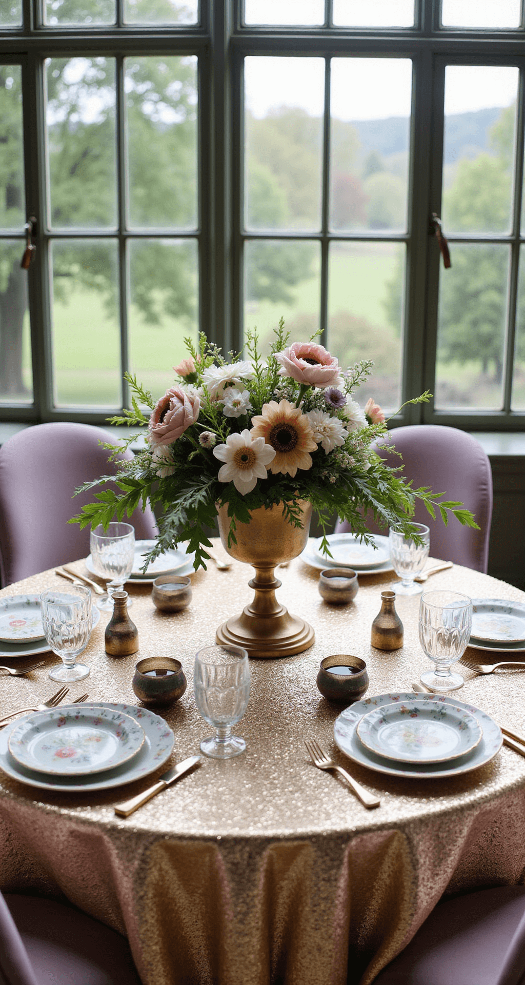 Overhead view of a luxurious sweetheart table in a historic mansion's conservatory, featuring a champagne sequin tablecloth, a floral arrangement with anemones, daffodils, and greenery in a brass compote, and dusty lavender velvet chairs paired with mixed-metal flatware, hand-painted china, and crystal stemware.