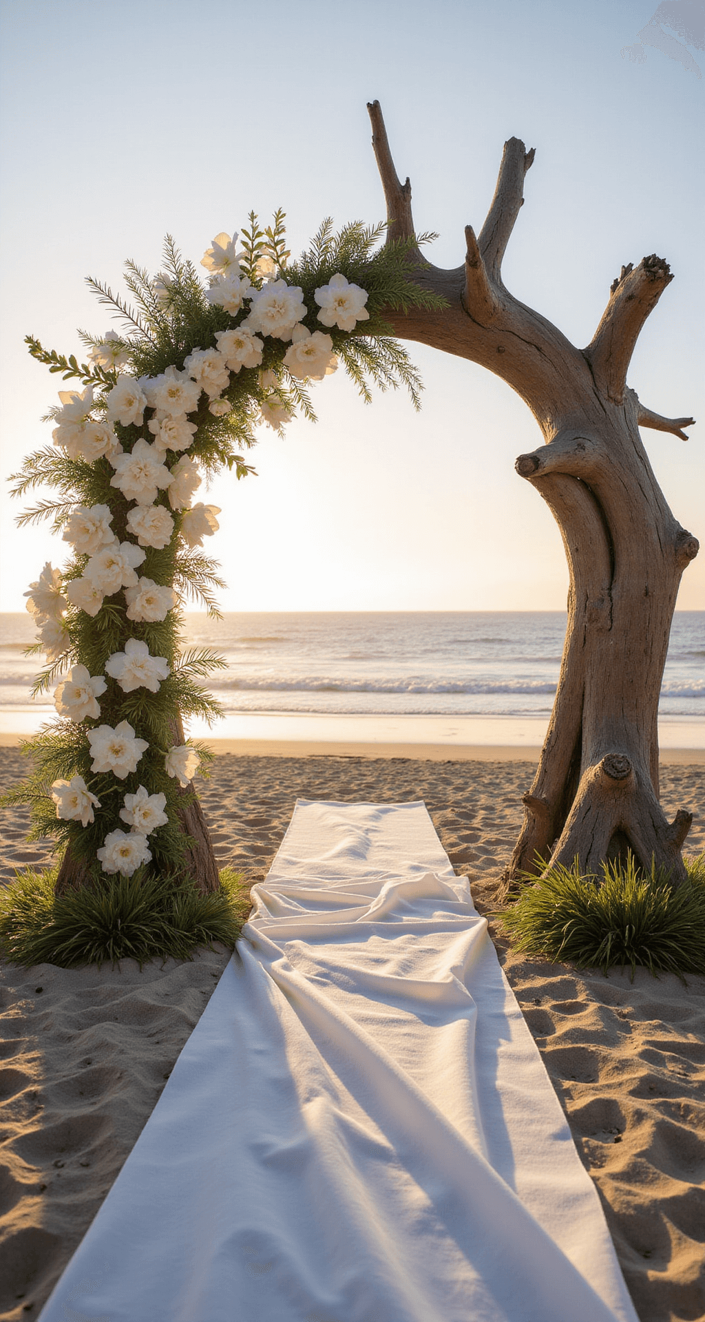 Ethereal beachfront wedding ceremony at golden hour with an 8-foot driftwood arch decorated with white orchids and plumerias, surrounded by palm fronds and flower petals on a sandy aisle, all illuminated in warm amber light against a serene ocean backdrop.