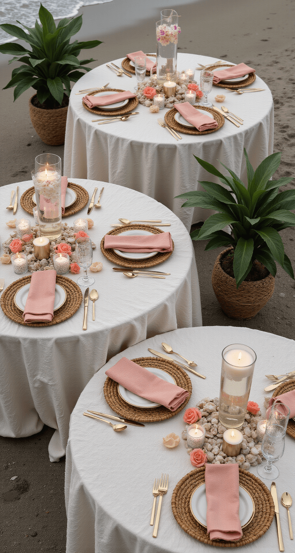 Overhead view of an intimate seaside reception featuring textured ivory table linens, elegant tall glass centerpieces with submerged orchids and floating candles, shell-filled votives, coral-toned garden roses, natural rattan chargers, gold-rimmed place settings, sea glass accents, and organic monstera leaf arrangements acting as windbreaks.
