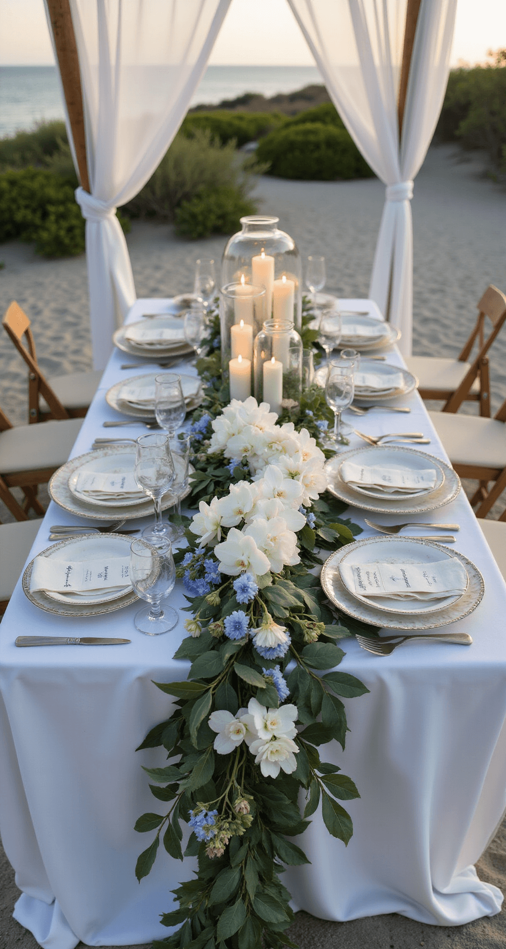 Close-up of an elegantly styled sweetheart table featuring a lush floral runner of white phalaenopsis orchids, pale blue delphiniums, and silver dollar eucalyptus, with mother of pearl chargers and hand-calligraphed shell place cards, illuminated by vintage glass hurricanes holding flickering candles under a sheer fabric cabana at dusk.