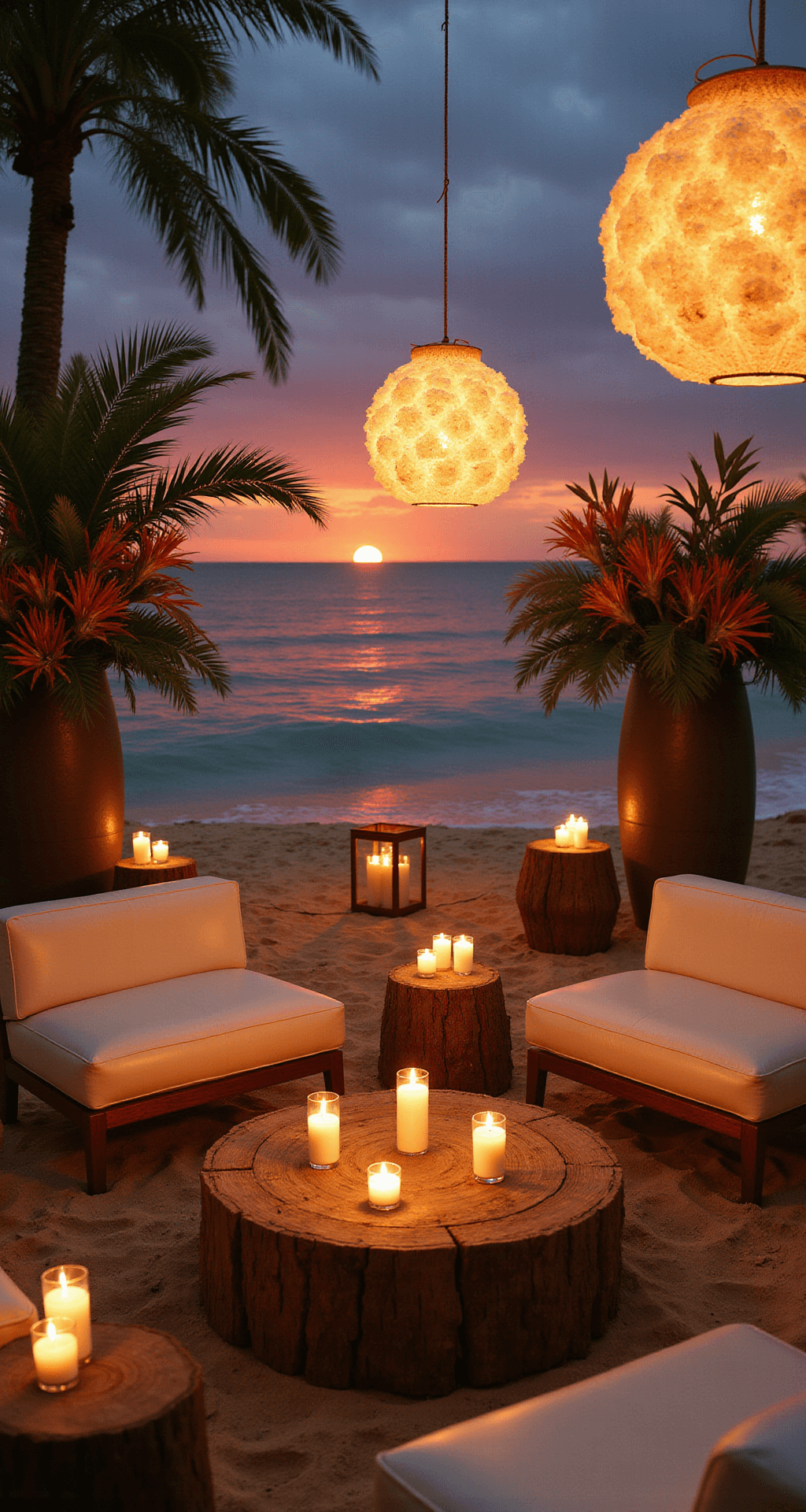 Dramatic sunset cocktail lounge with white leather seating, driftwood coffee tables, oversized lanterns with candles, capiz shell chandeliers, and tropical flower arrangements, creating an intimate moody atmosphere by the ocean.