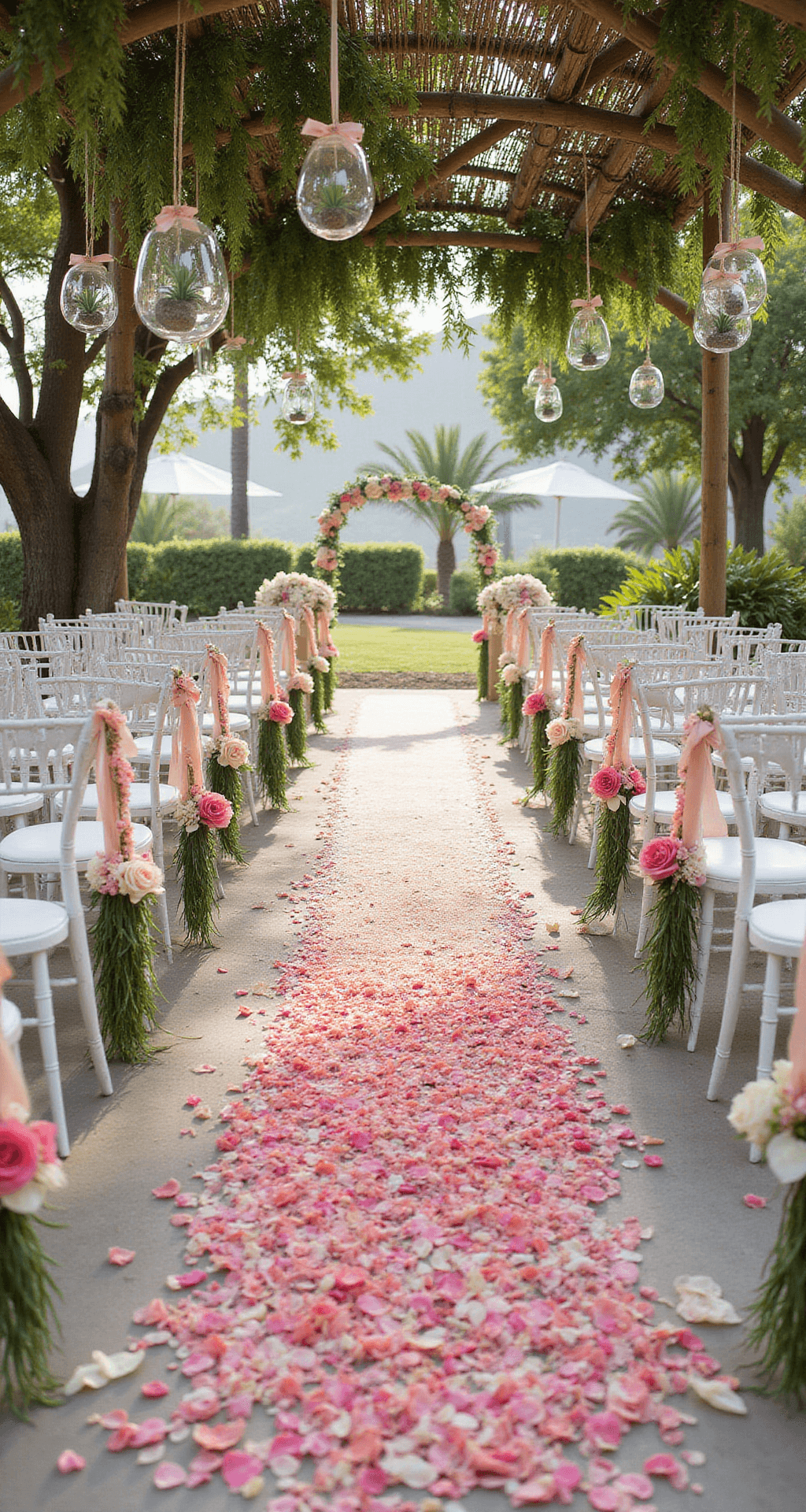 A serene morning ceremony site with curved rows of whitewashed wooden chairs decorated with plumeria leis and pale pink ribbon, under a bamboo canopy adorned with air plants and orchids, featuring an aisle designed with rose petals and shells in ombré patterns.