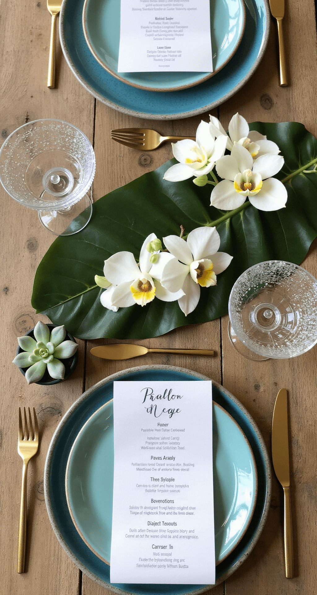 Tropical place setting on a weathered teak table, featuring hand-painted ceramic chargers, gold flatware, crystal stemware with orchid blooms, a handmade paper menu on a monstera leaf, and a potted succulent favor, all illuminated by natural light.